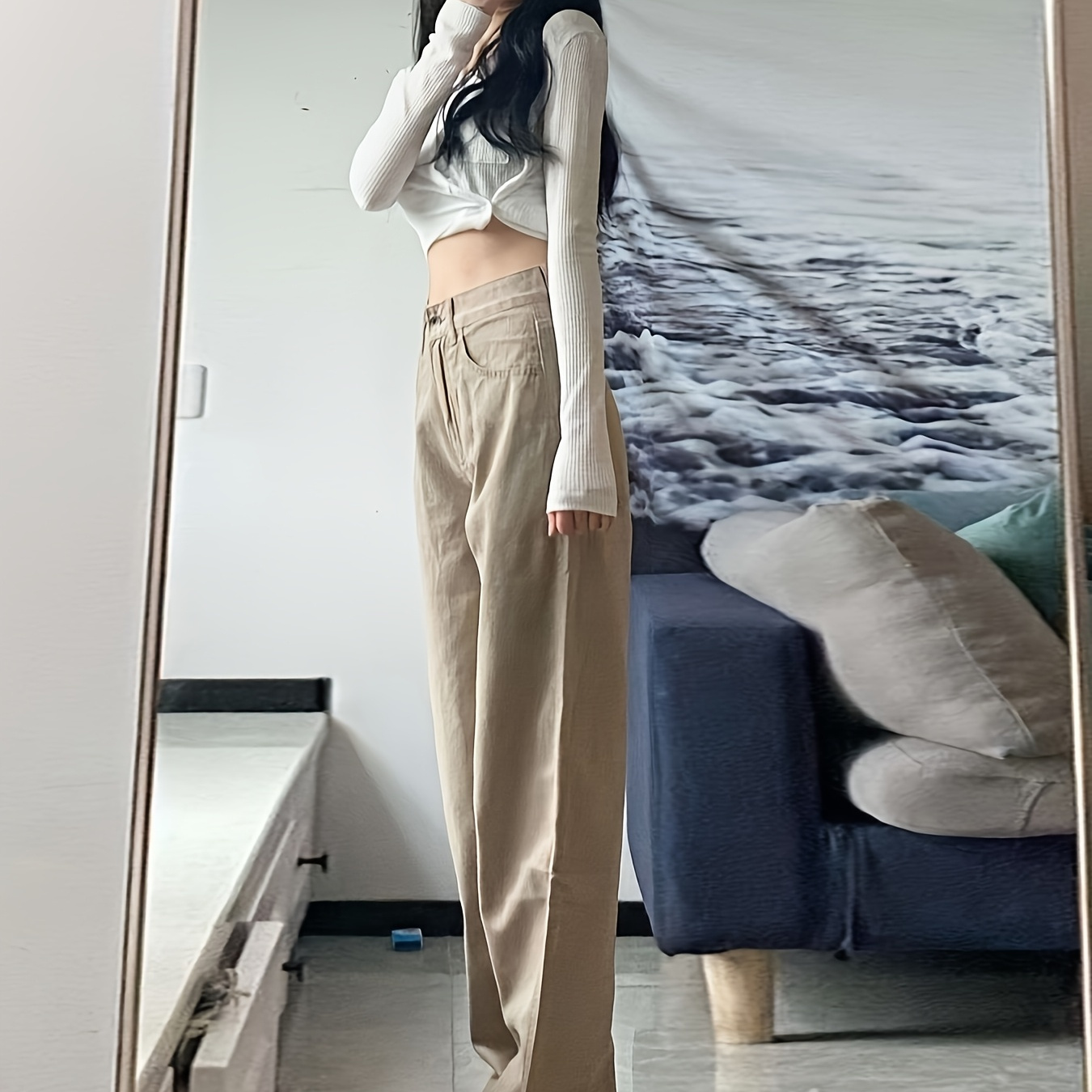 

Women's Retro Khaki Straight Leg Denim Jeans