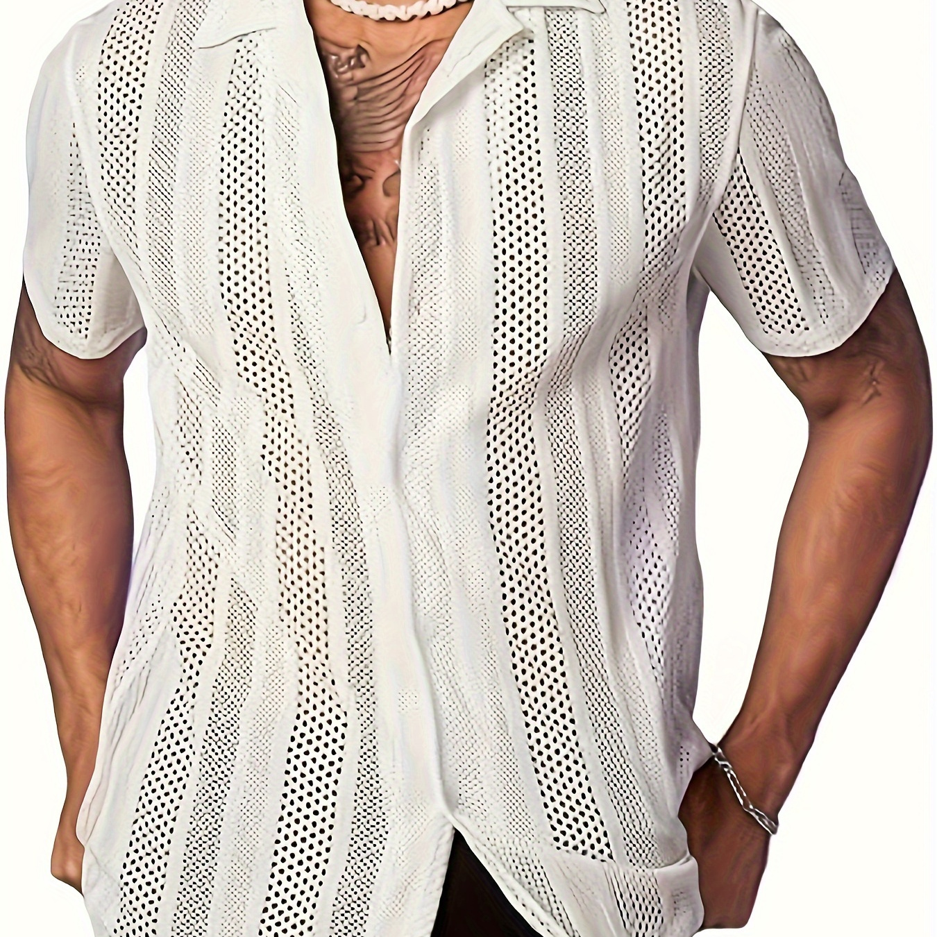 

Men's Mesh Hollow-out Shirt, Street Style, Breathable Short Sleeve Summer Top, Casual Fashion Shirt