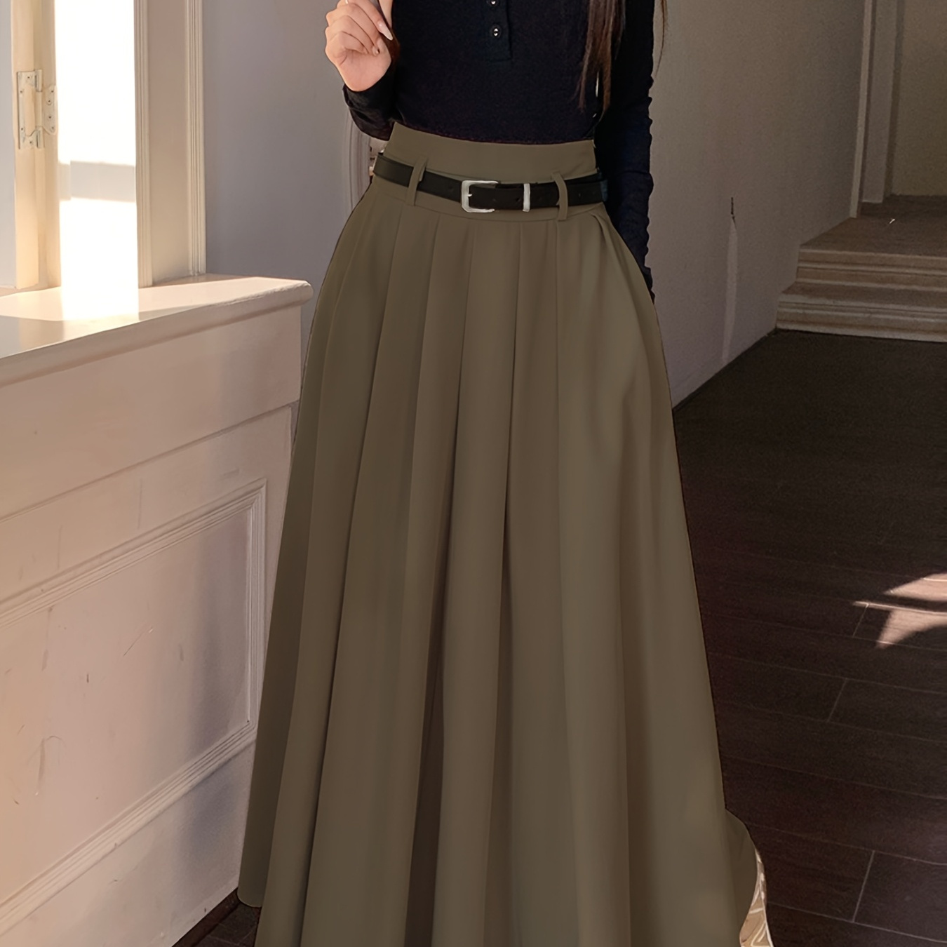 

Solid Color High Waist Skirt, Elegant A-line Midi Skirt For Spring & Fall, Women's Clothing