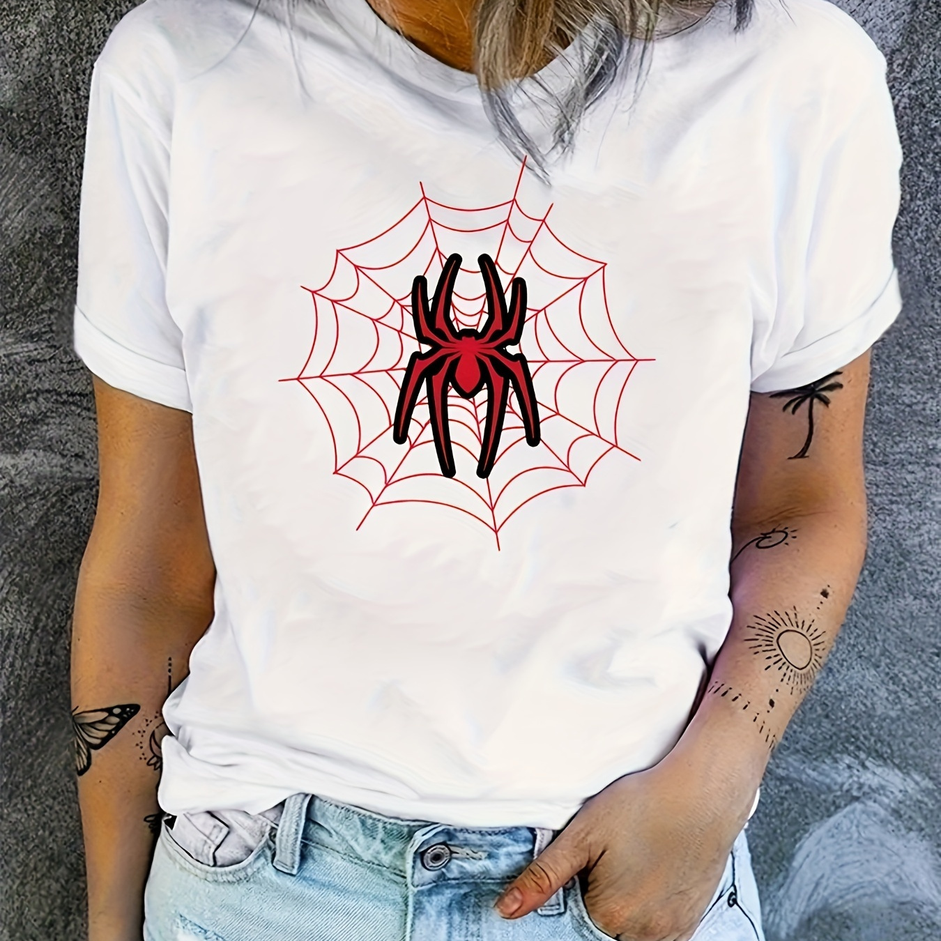 

Spider Print T-shirt, Short Sleeve Crew Neck Casual Top For Summer & Spring, Women's Clothing