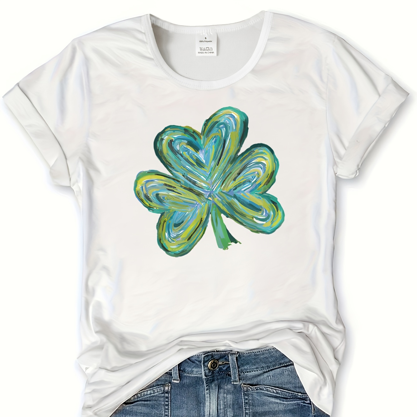 

Clover Graphic Print T-shirt, Short Sleeve Crew Neck Casual Top For Summer & Spring, Women's Clothing