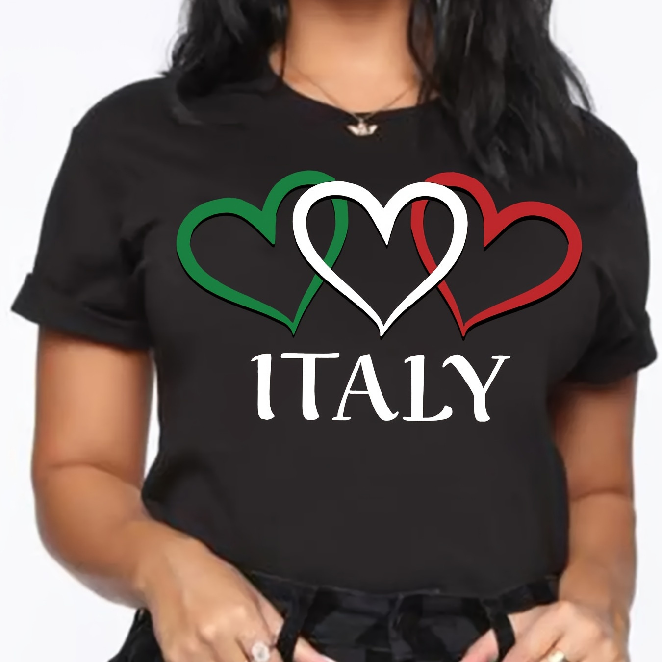 

Italy & Heart Print T-shirt, Short Sleeve Crew Neck Casual Top For Summer & Spring, Women's Clothing