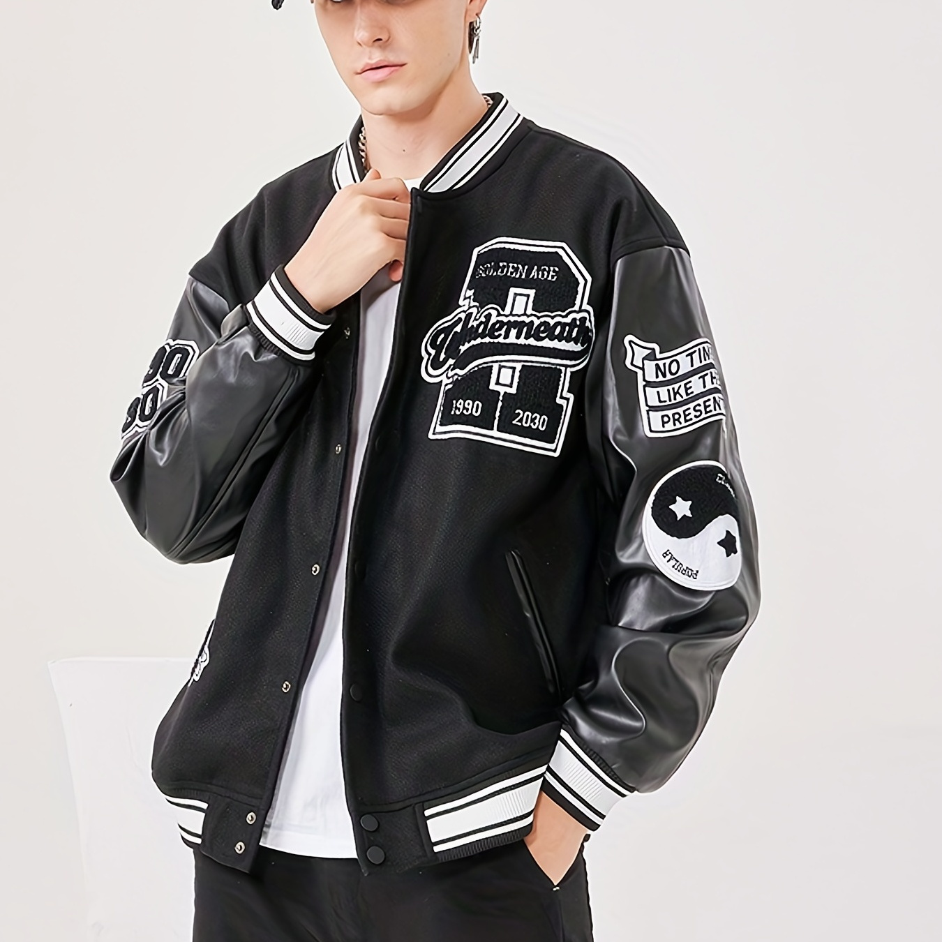 Embroidery Letter Print Varsity Pu Jacket, Men's Casual Button Up