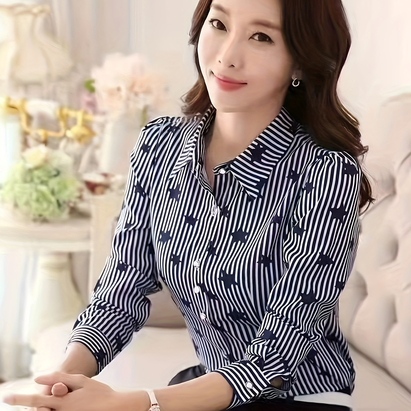 

Star & Print Button Up Shirt, Elegant Long Sleeve Collared Shirt For Spring & Fall, Women's Clothing