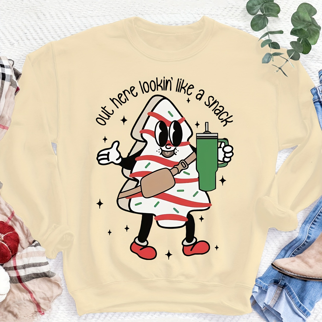 

Women's Casual Crew Neck Sweatshirt With Cartoon Print - 100% Polyester Knit Fabric - Fall/winter Fashion Pullover With Graphic "out Here Lookin' Like A Snack" Design