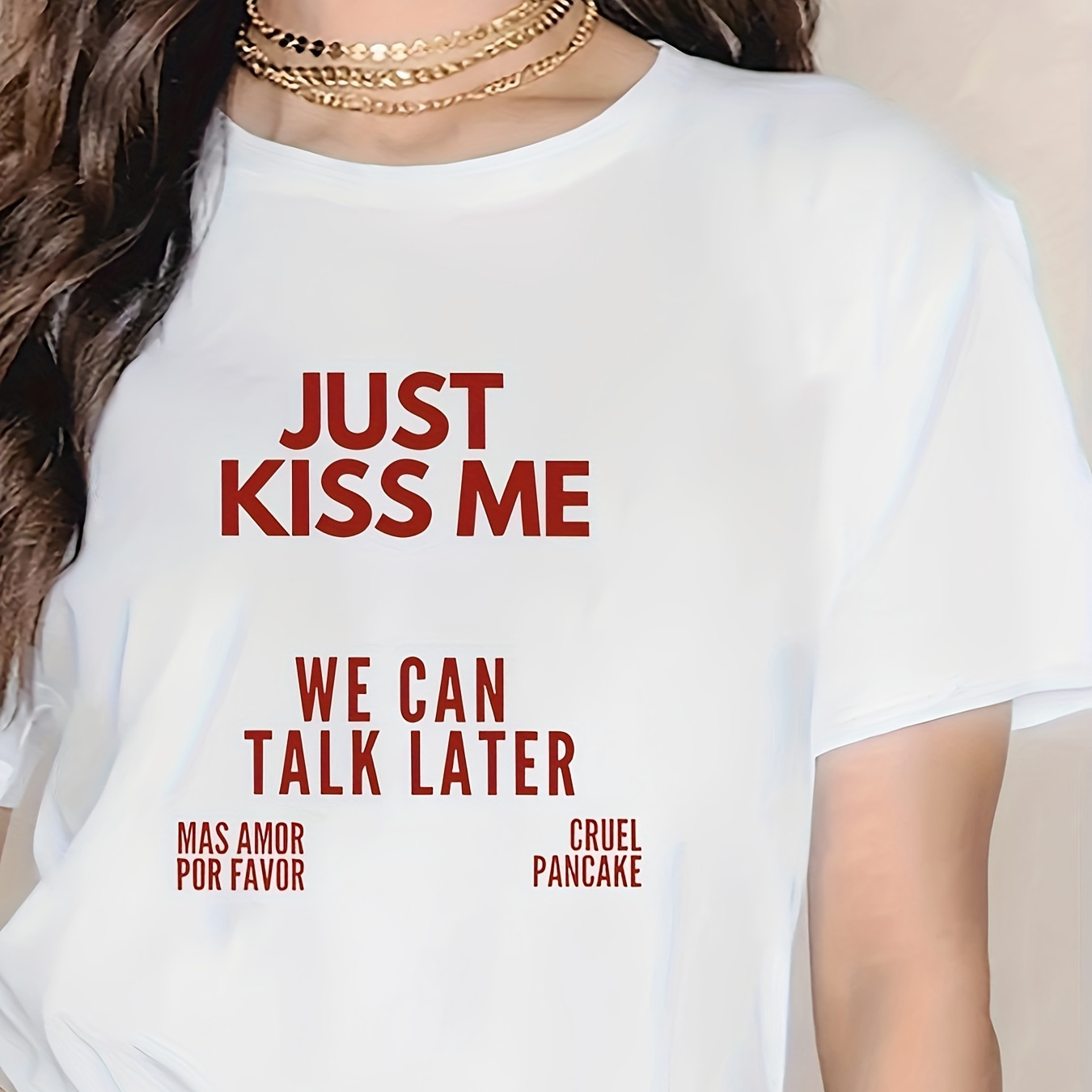 

Just Kiss Me Letter Print T-shirt, Short Sleeve Crew Neck Casual Top For Summer & Spring, Women's Clothing