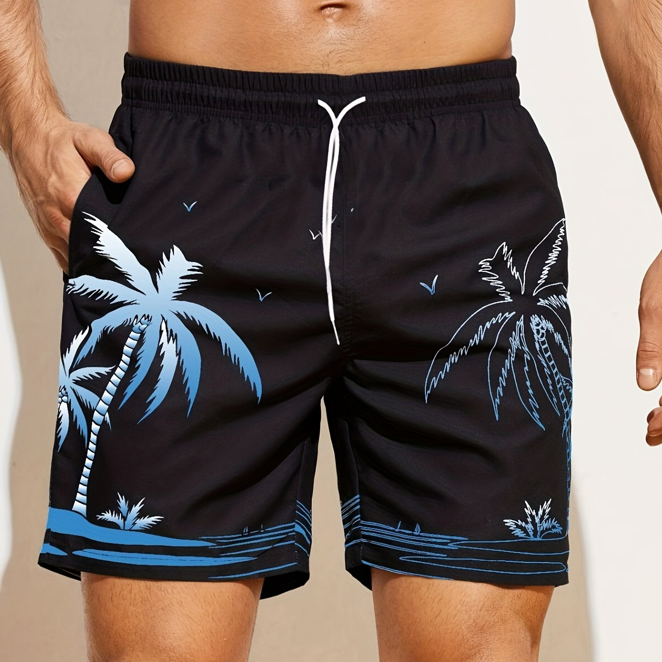 Plus Size Beach Shorts For Men, Summer Loose Leisure Shorts "Coconut Tree" Print Quick-Drying Bermuda Shorts