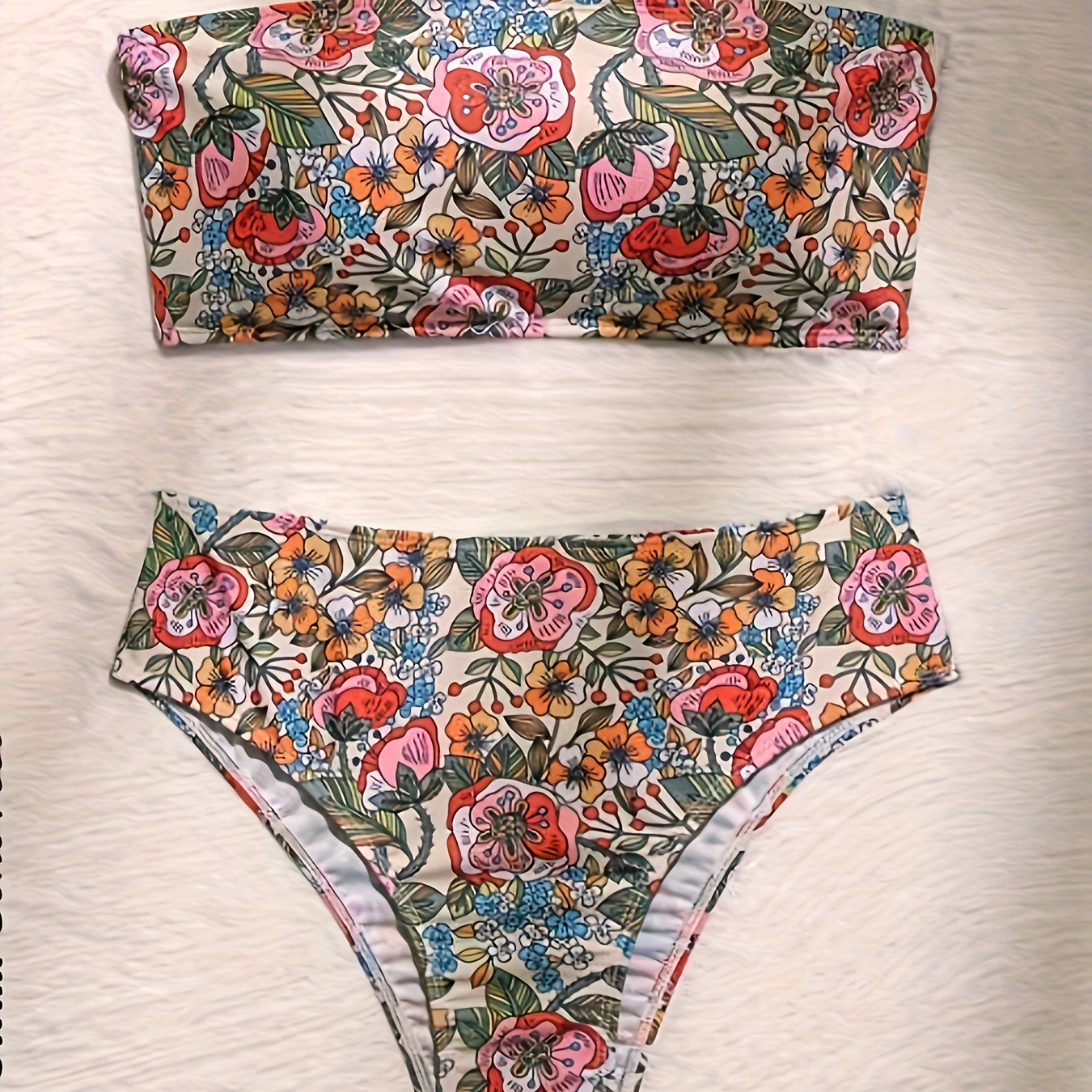

Women's Floral Print Bikini Set, Two-piece Swimsuit, High Cut Bottom, Bandeau Top With Tie Detail, Beachwear, Swimwear, Summer Fashion, Colorful Flower Pattern