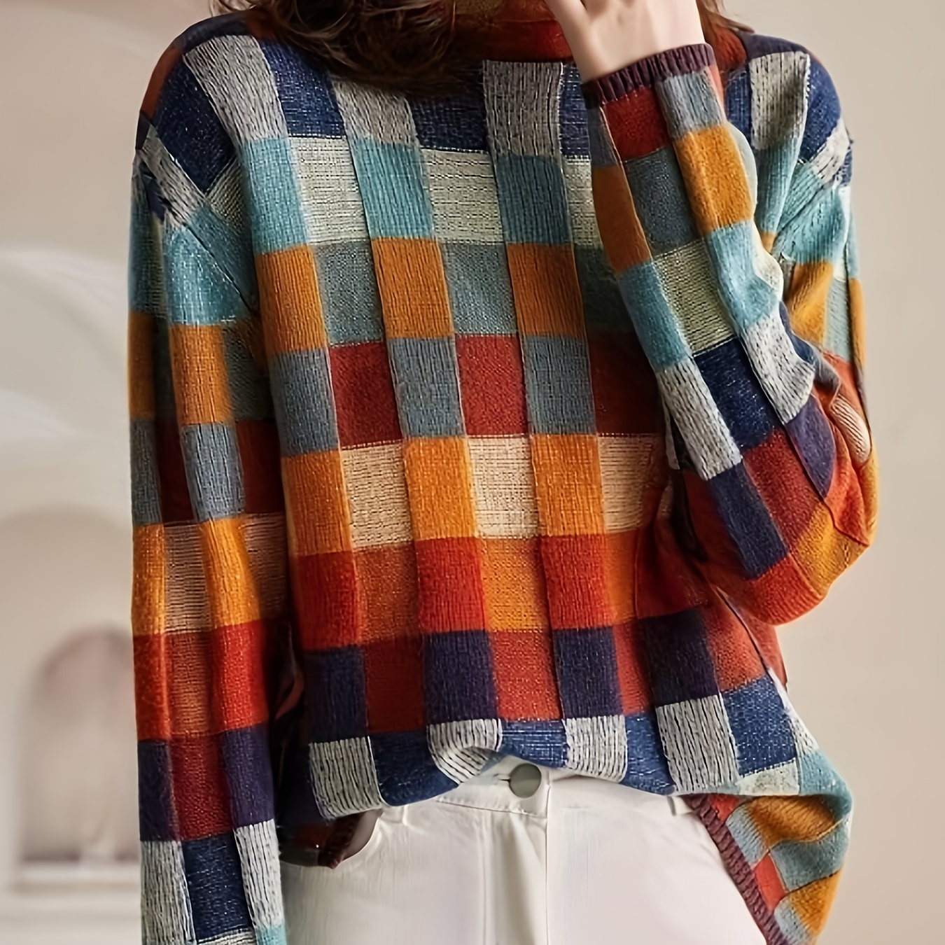 

Cozy & Chic High-neck Checkerboard Knit Sweater For Women - Elegant Slimming Design, Autumn/winter, Polyester