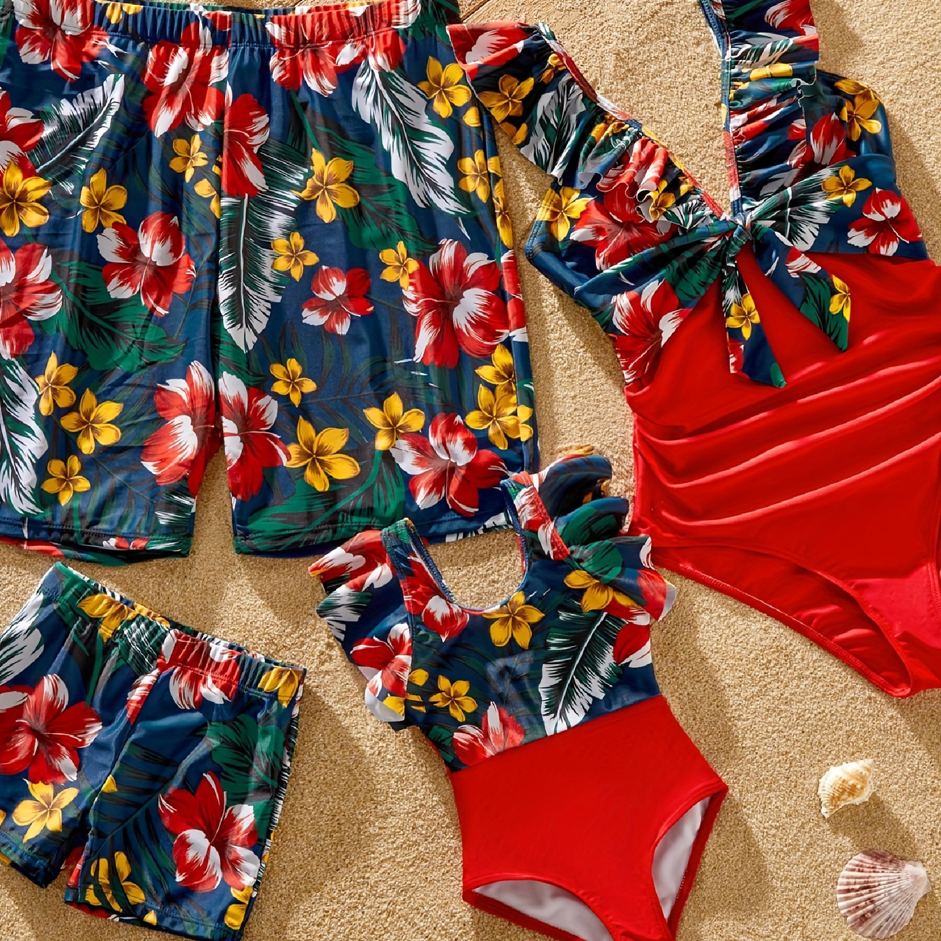 

Patpat Family Matching Floral Print & Solid Spliced Ruffle Trim 1-piece Swimsuit And Swim Trunks