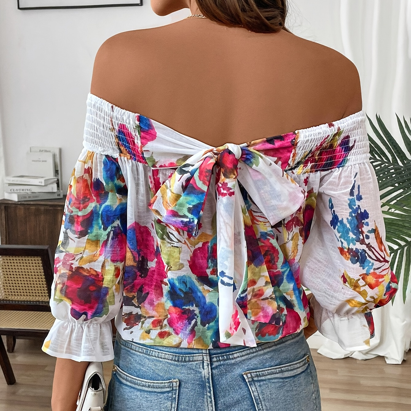 

Elegant Off-shoulder Floral Chiffon Blouse With Tie-back Detail - Machine Washable, Spring/fall