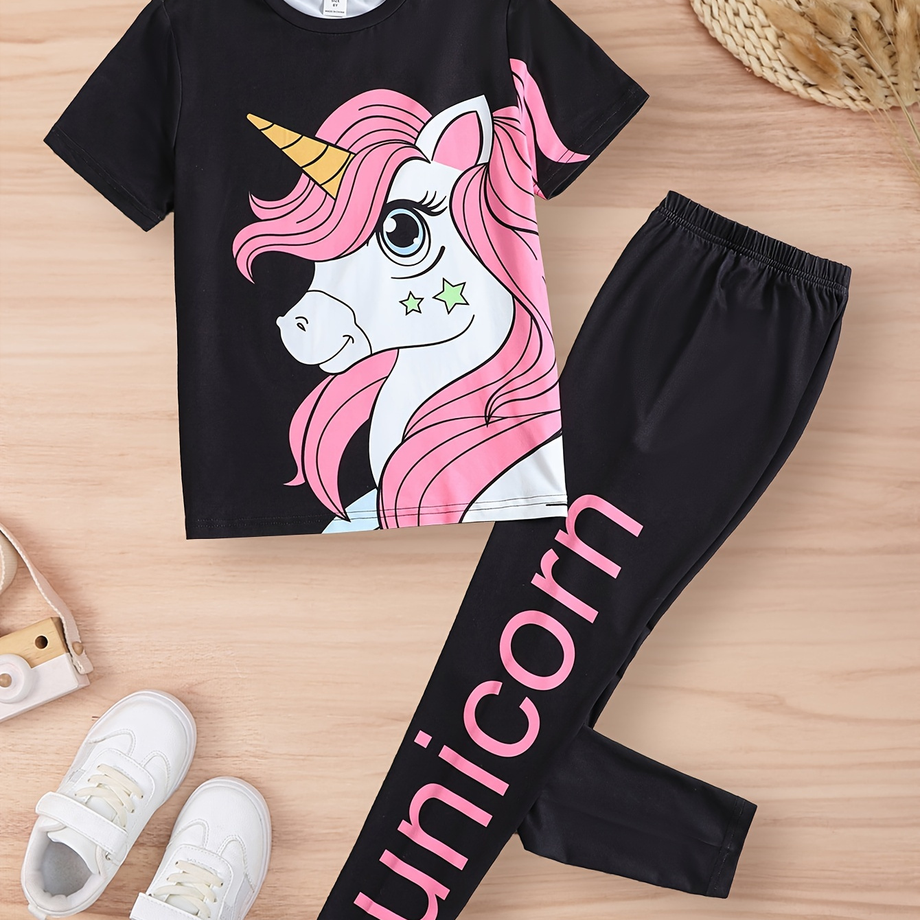 

Unicorn Girl's Outfit Short Sleeve Graphic Top + Letter Print Pants Holiday Casual Set, Summer 2pcs Girls Clothes