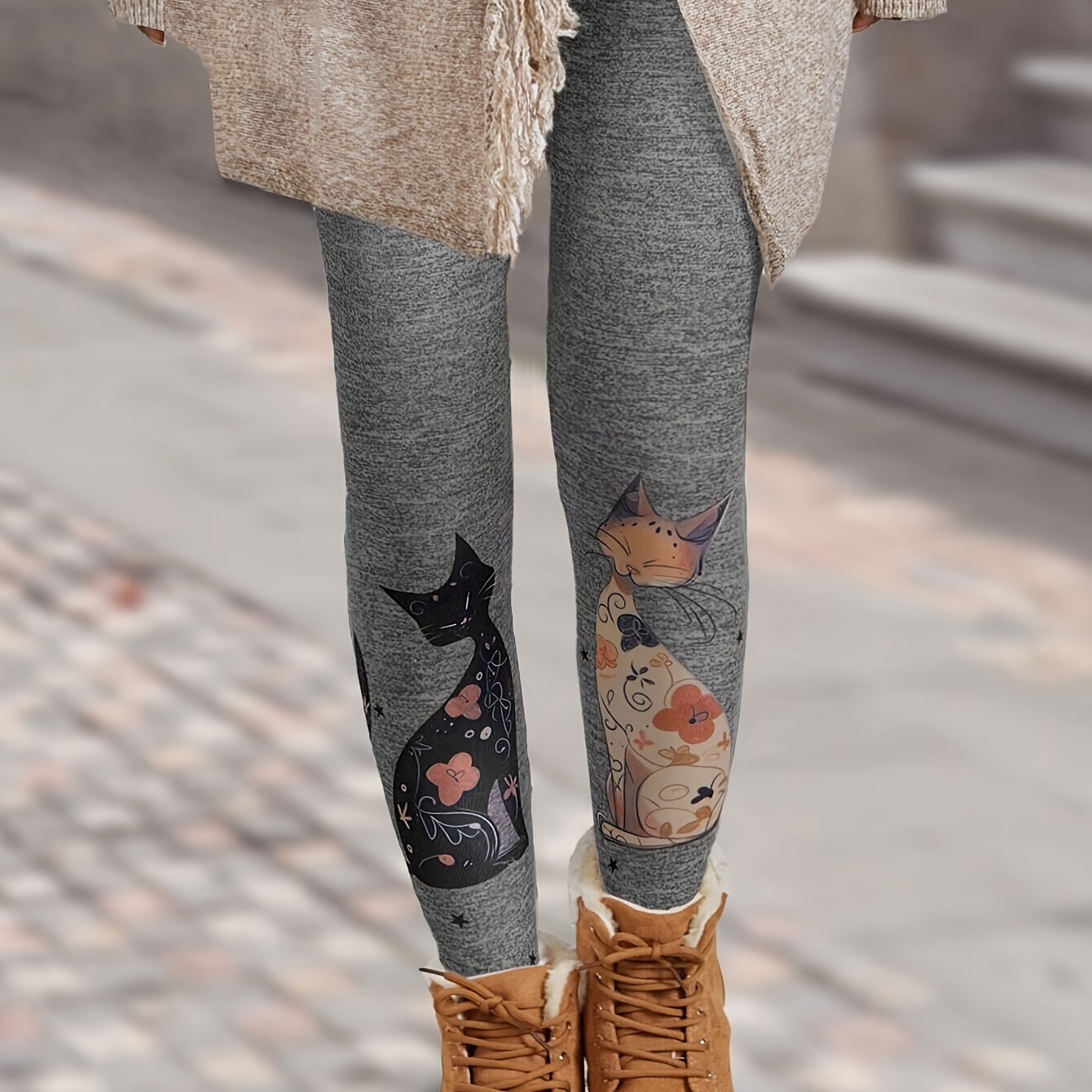 

Cat Print High Waist Leggings, Casual Skinny Stretchy Workout Leggings For Every Day, Women's Clothing