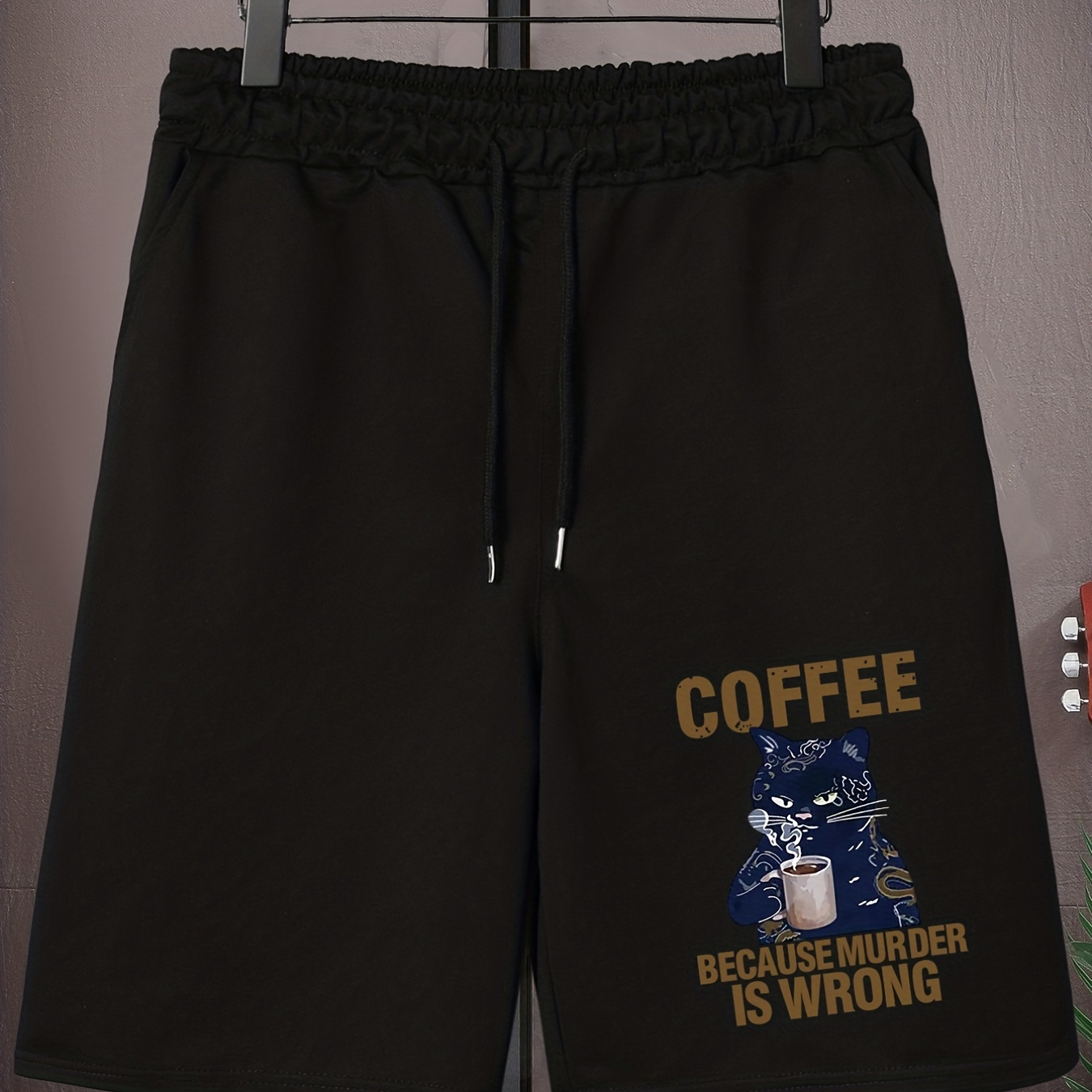 

Stretchy Fit] Men's Plus Size Drawstring Shorts - Navy Blue, "coffee Murder Is " Cat Print, Stretchy Polyester, Casual Sports Wear For Big & Tall Guys, Shorts| Shorts| Fabric , Plus Size