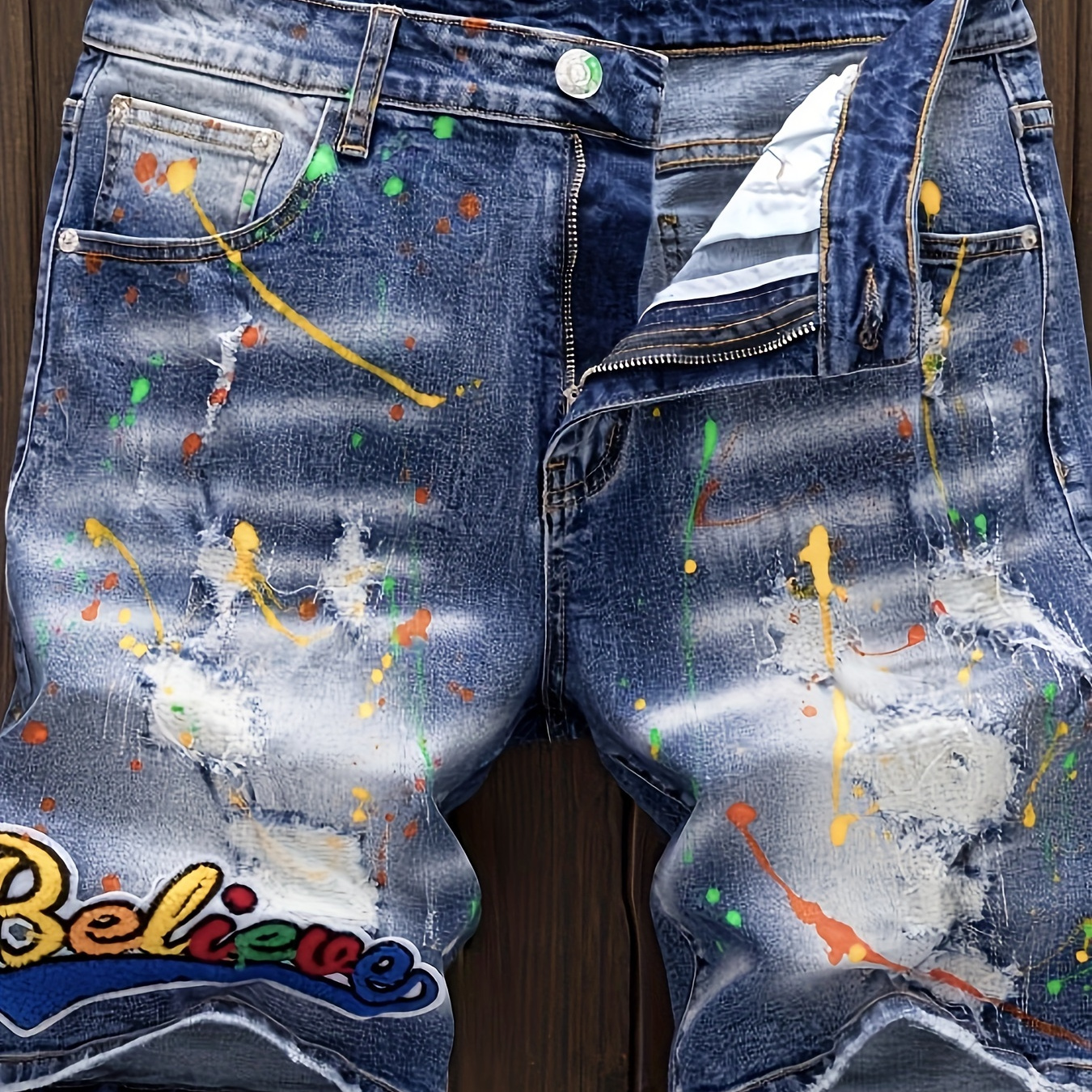 

Men's Distressed Graffiti Splatter Design Denim Shorts, Casual Summer Jean Shorts With Pockets, Trendy Streetwear
