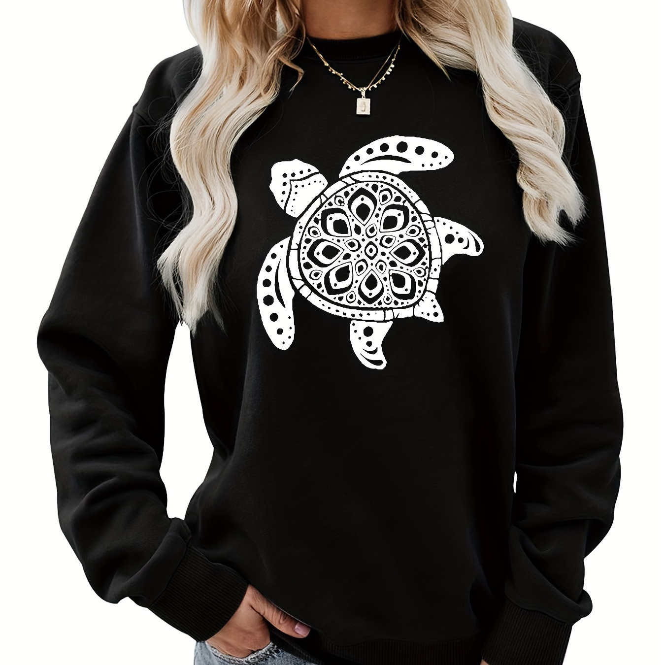 

Turtle Print Sweatshirt, Crew Neck Casual Long Sleeve Sweatshirt, Women's Clothing