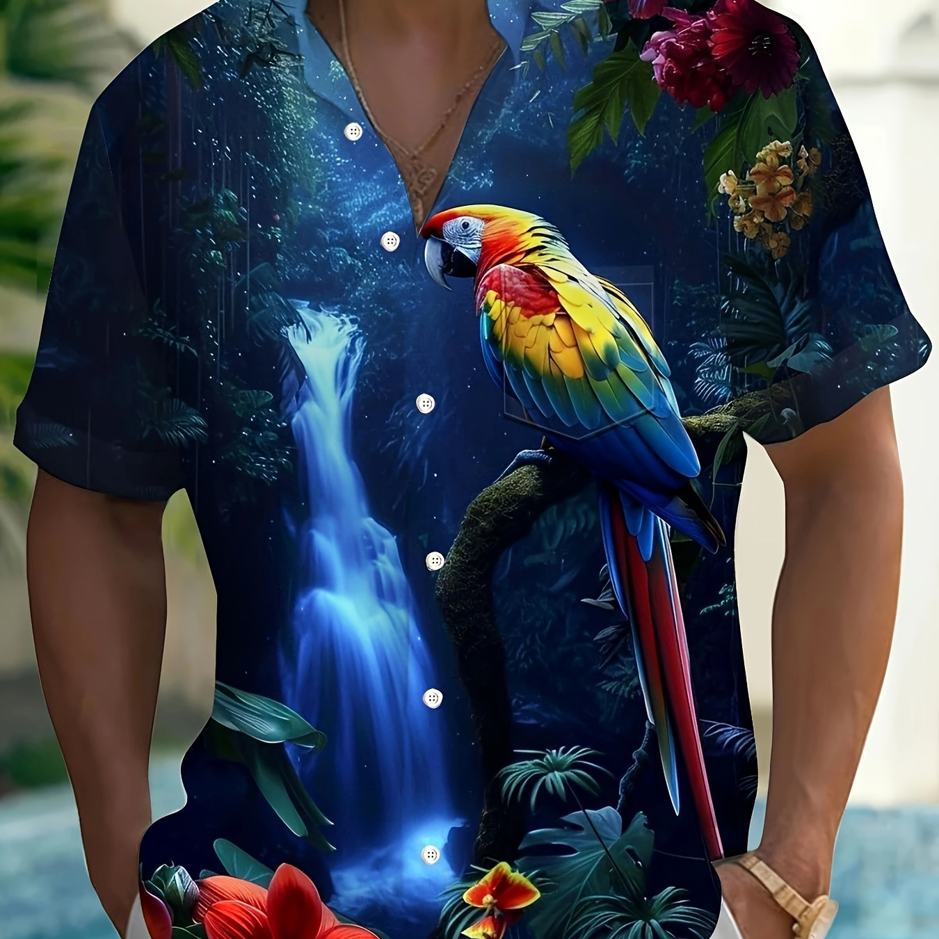 

Men's 3d Parrot Pattern Print Short Sleeve Lapel Shirt Top, Male Casual Button Up Shirt For Daily And Vacation Resorts