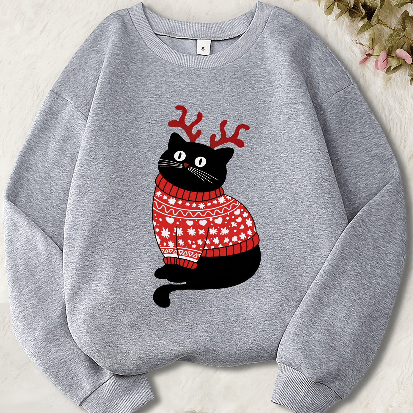 

Christmas Cat Print Hoodie - Autumn And Winter Long Sleeve Round Neck Design Women's Casual Fashion Sweater - Soft, Comfortable, Fashionable Women's Plus Velvet Round Neck Hoodie