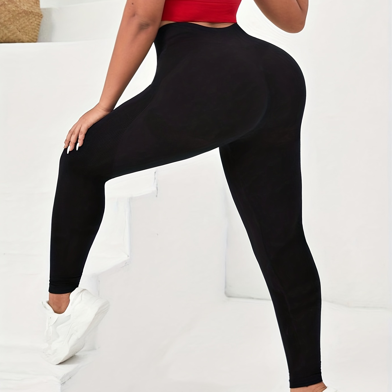 Plus Size Sports Leggings, Women's Plus Solid Wide Waistband Butt Lifting  High Stretch Yoga Pants