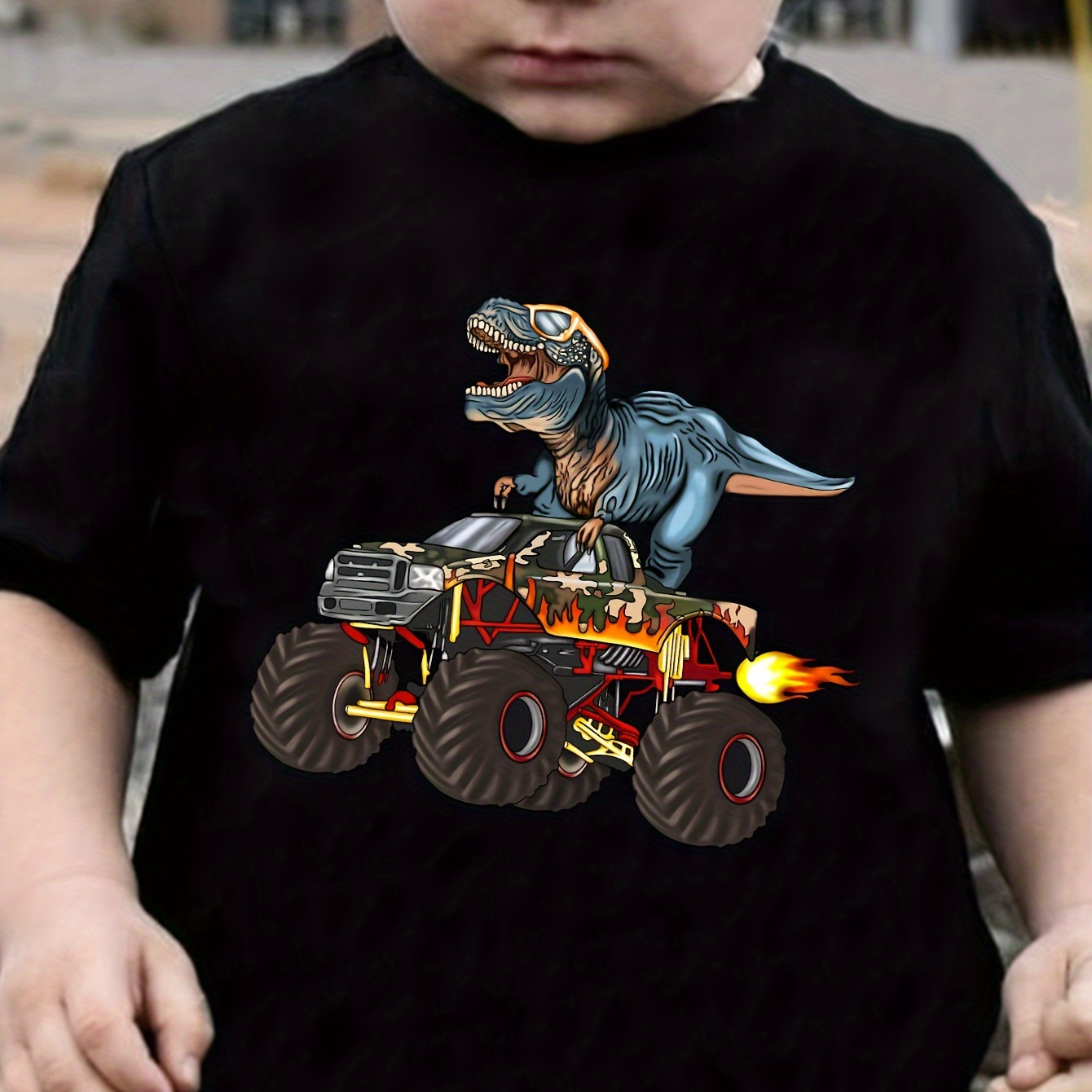 

Dinosaur Truck Print Boy's Cool T-shirt, Kids Casual Short Sleeve Crew Neck Top Summer Daily Wear