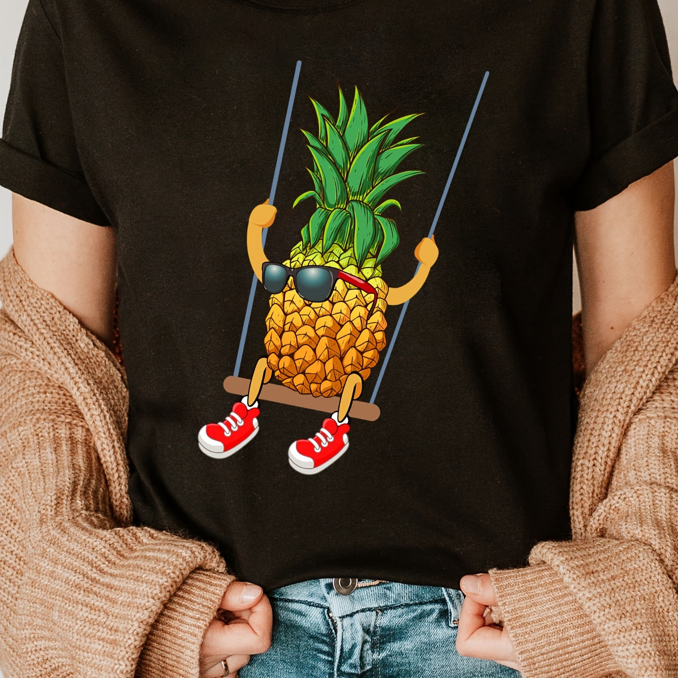 

Funny Pineapple Print Crew Neck T-shirt, Short Sleeve Casual Top For Summer & Spring, Women's Clothing