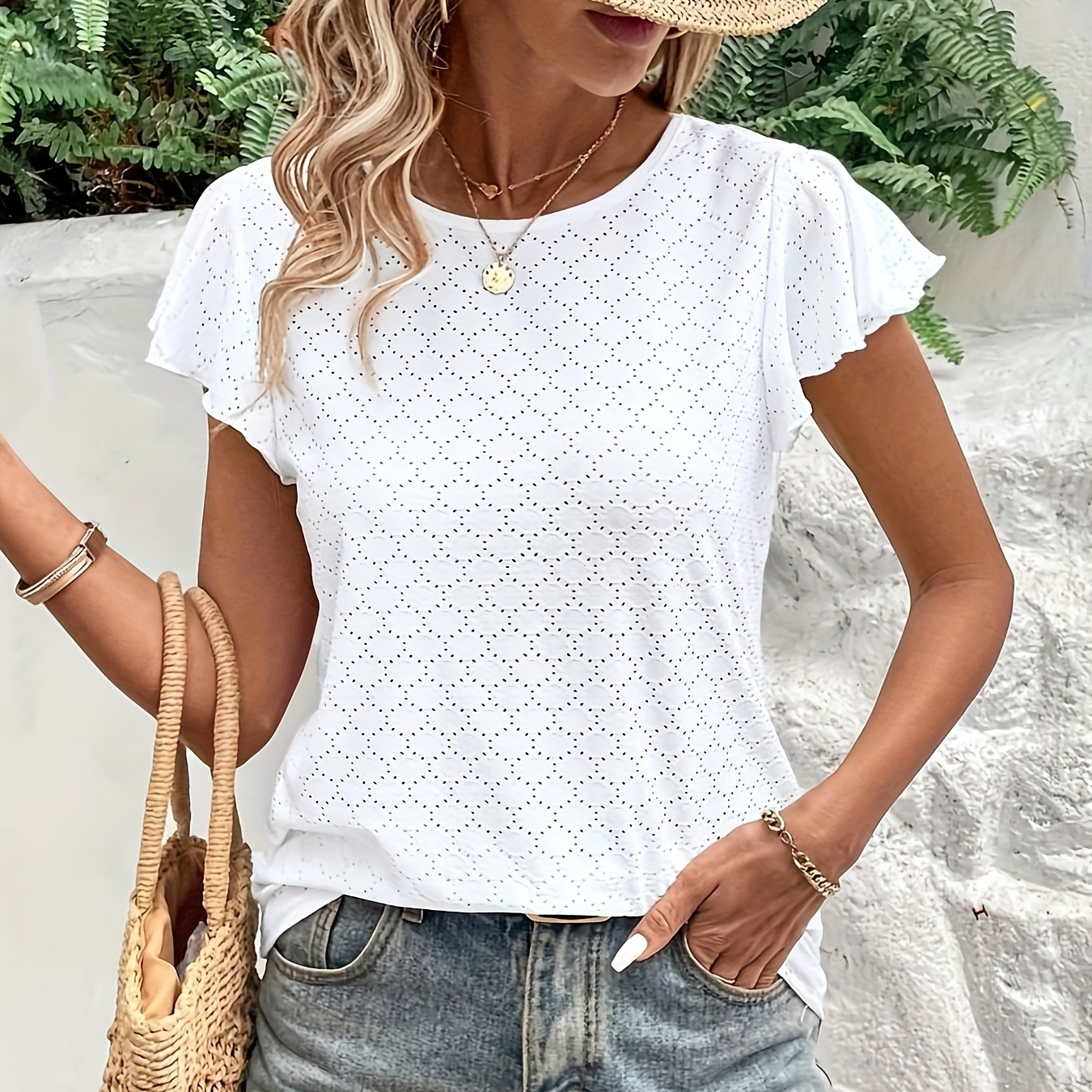 

Eyelet Ruffle Trim Solid T-shirt, Casual Crew Neck T-shirt For Spring & Summer, Women's Clothing Wedding Holiday Vacation