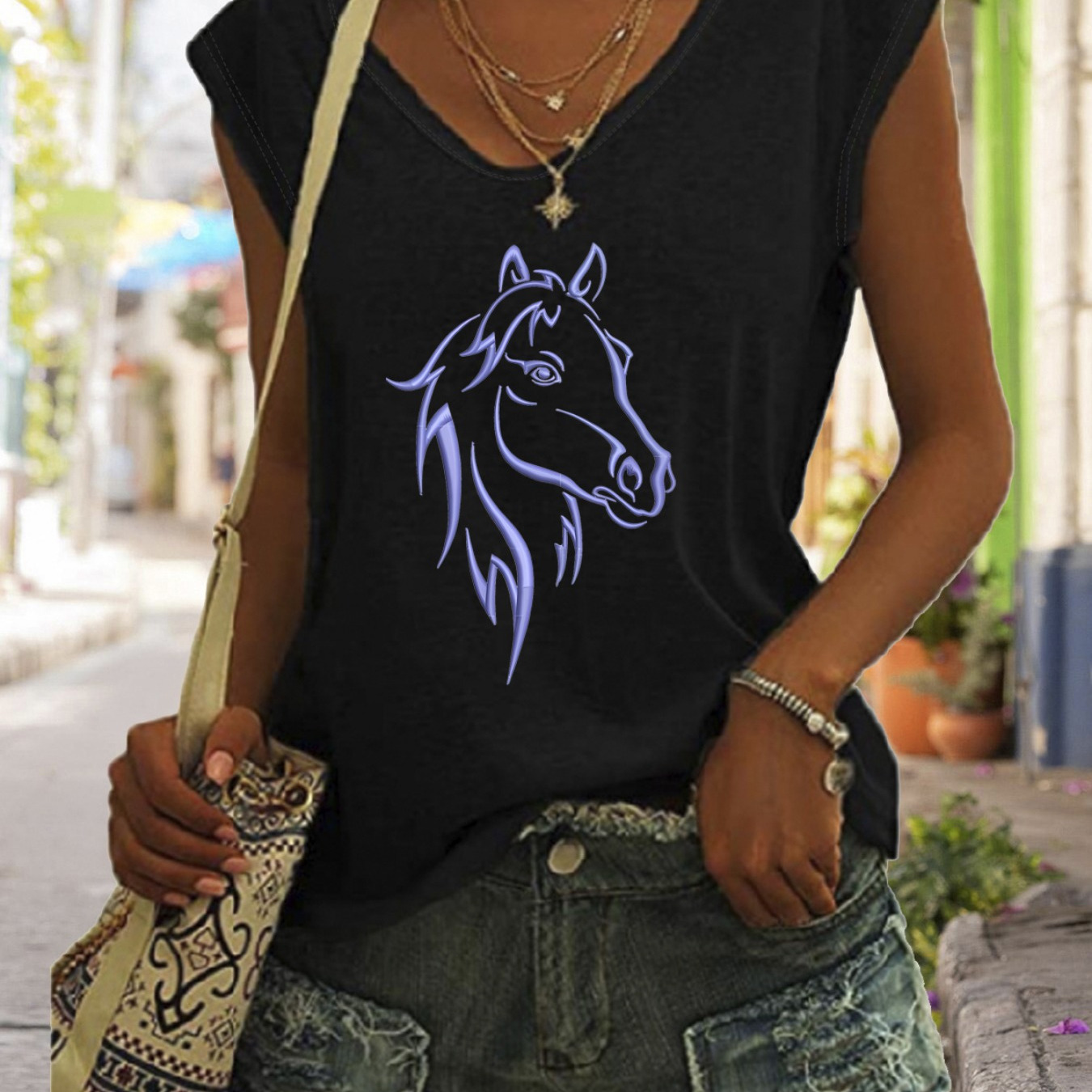 

Horse Print V Neck Top, Cap Sleeve Casual Top For Summer & Spring, Women's Clothing