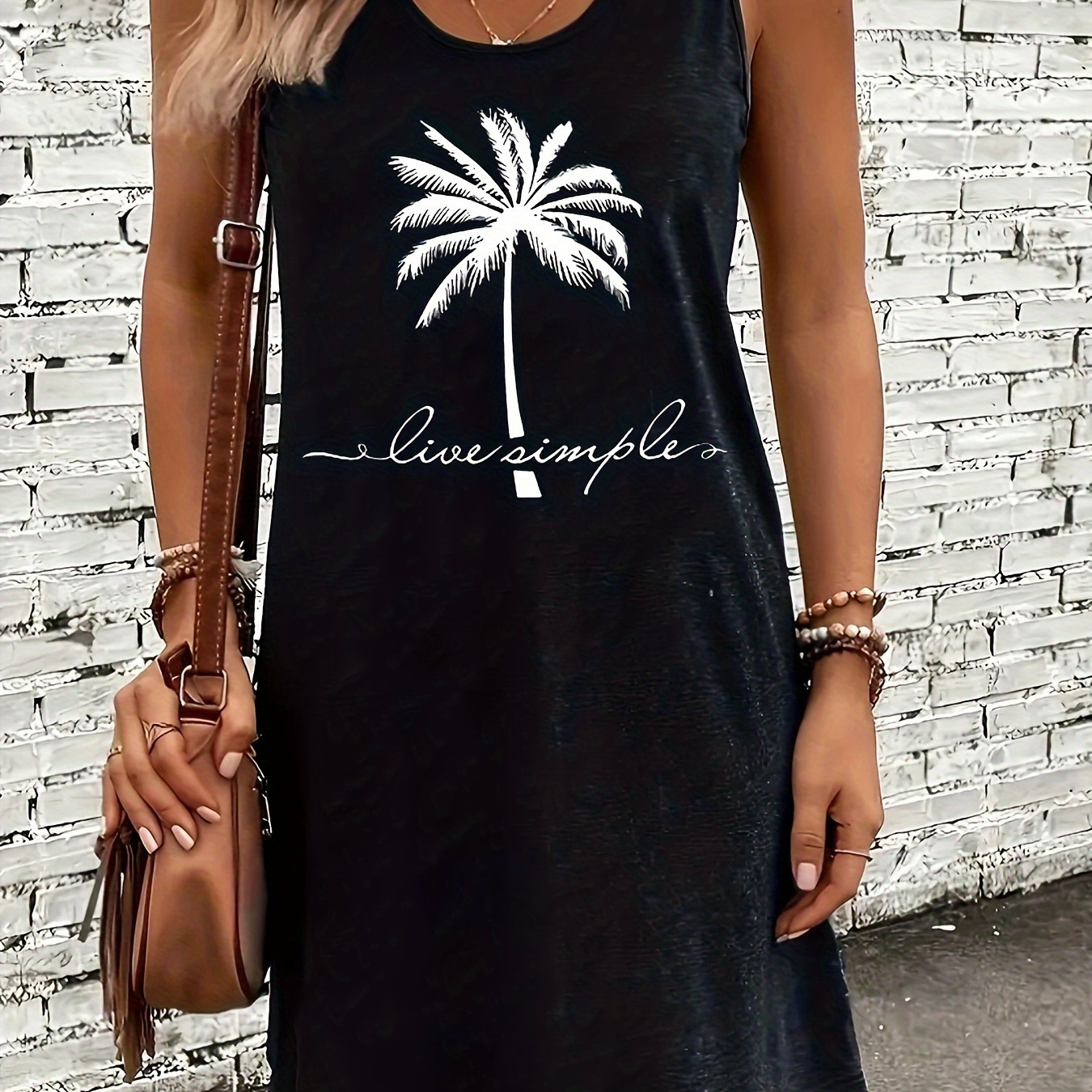 

Coconut Tree Print Tank Dress, Vacation Crew Neck Sleeveless Dress For Spring & Summer, Women's Clothing