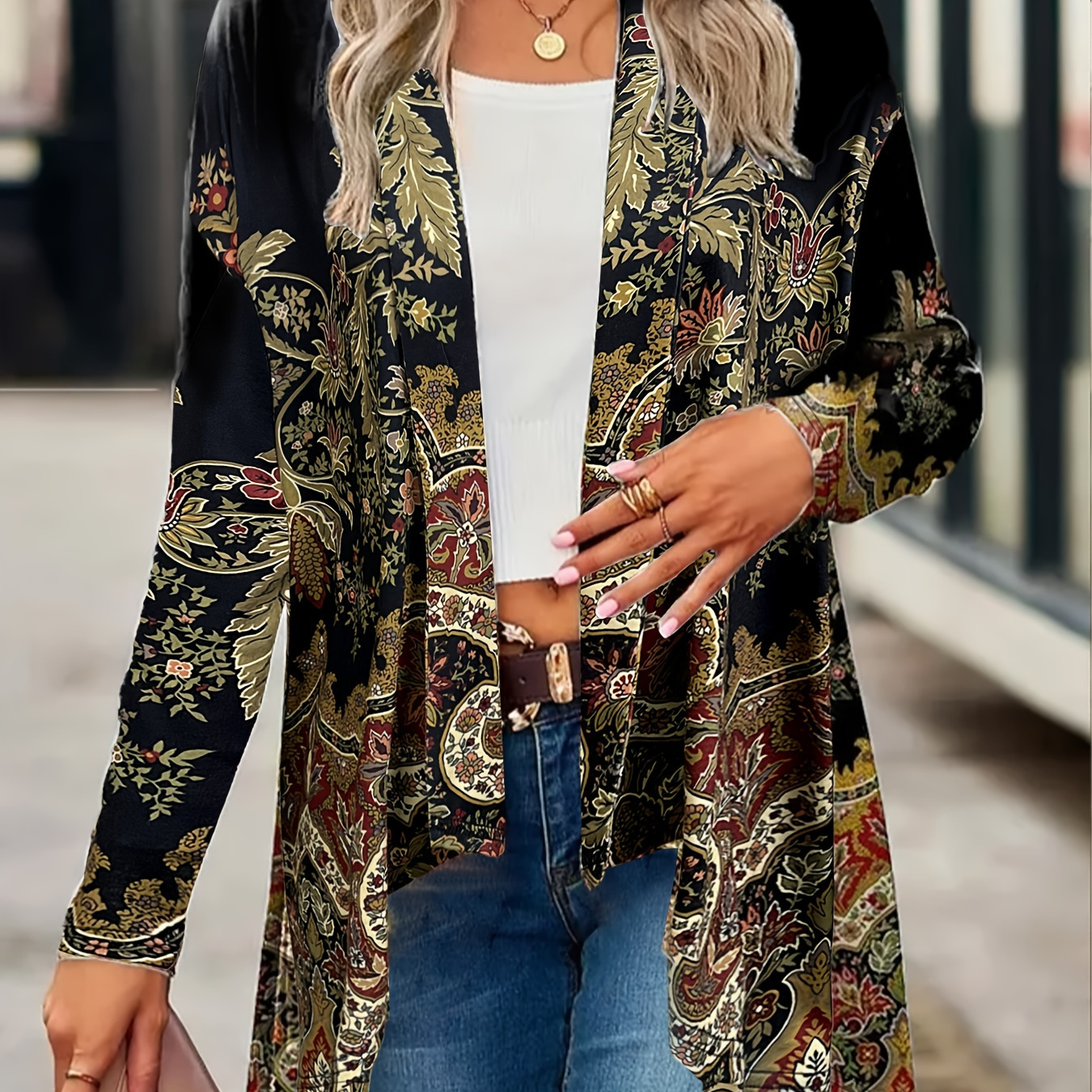 

Plus Size Ethnic Floral Print Open Front Top, Casual Long Sleeve Top For Spring & Fall, Women's Plus Size Clothing