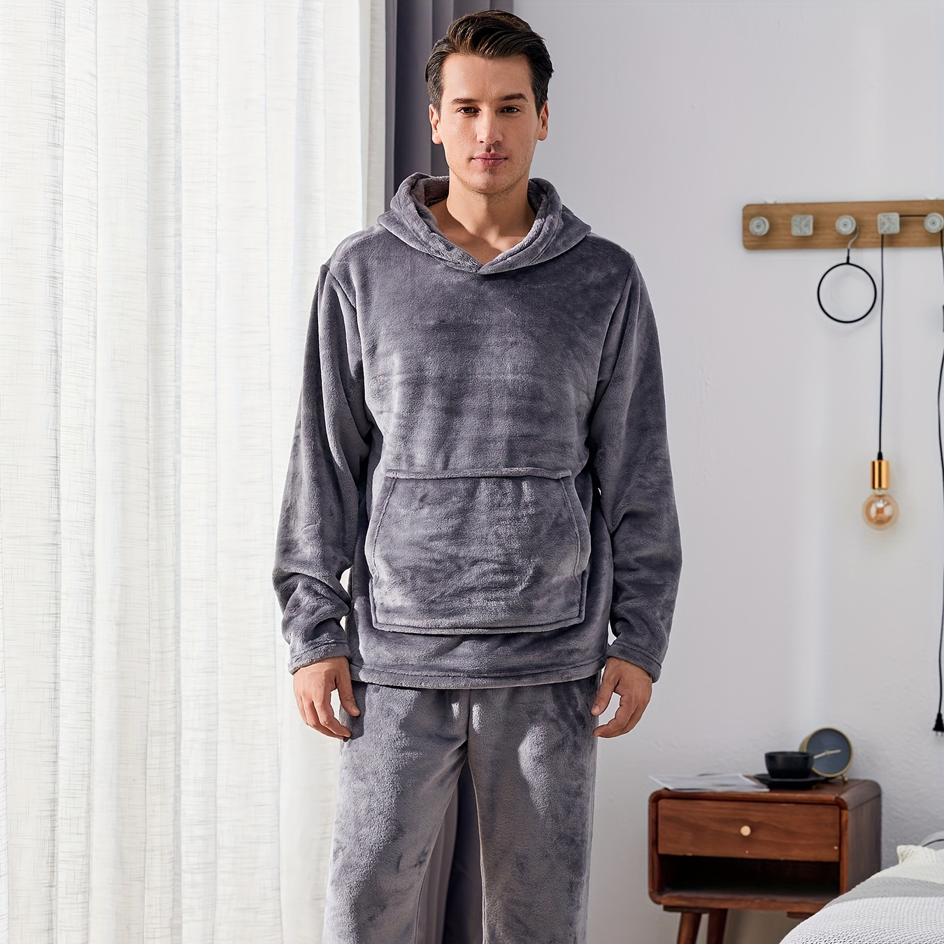 

Men's Warm Cozy Fluffy Flannel Fleece Hooded Pajamas Set, Warm Fleece Pajamas With Fluffy Hood For Fall And Winter