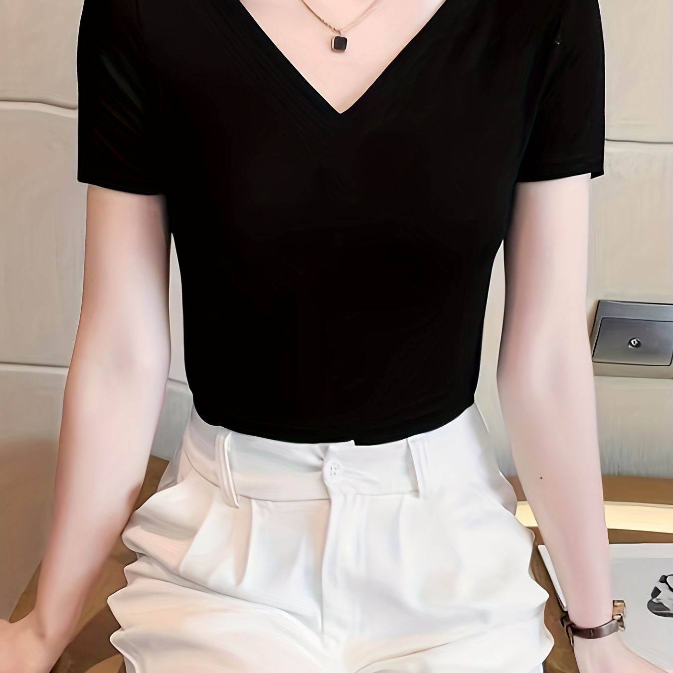 

Solid V Neck T-shirt, Casual Short Sleeve Top For Spring & Summer, Women's Clothing