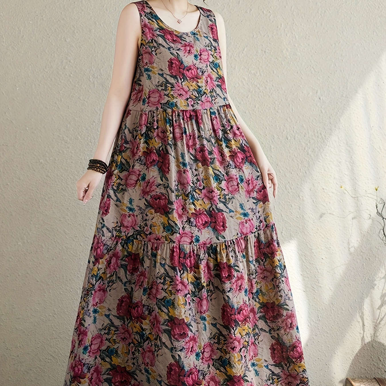 

Chic Summer Floral Dress - Casual Sleeveless A-line With Crew Neck, Machine Washable - Plus Size