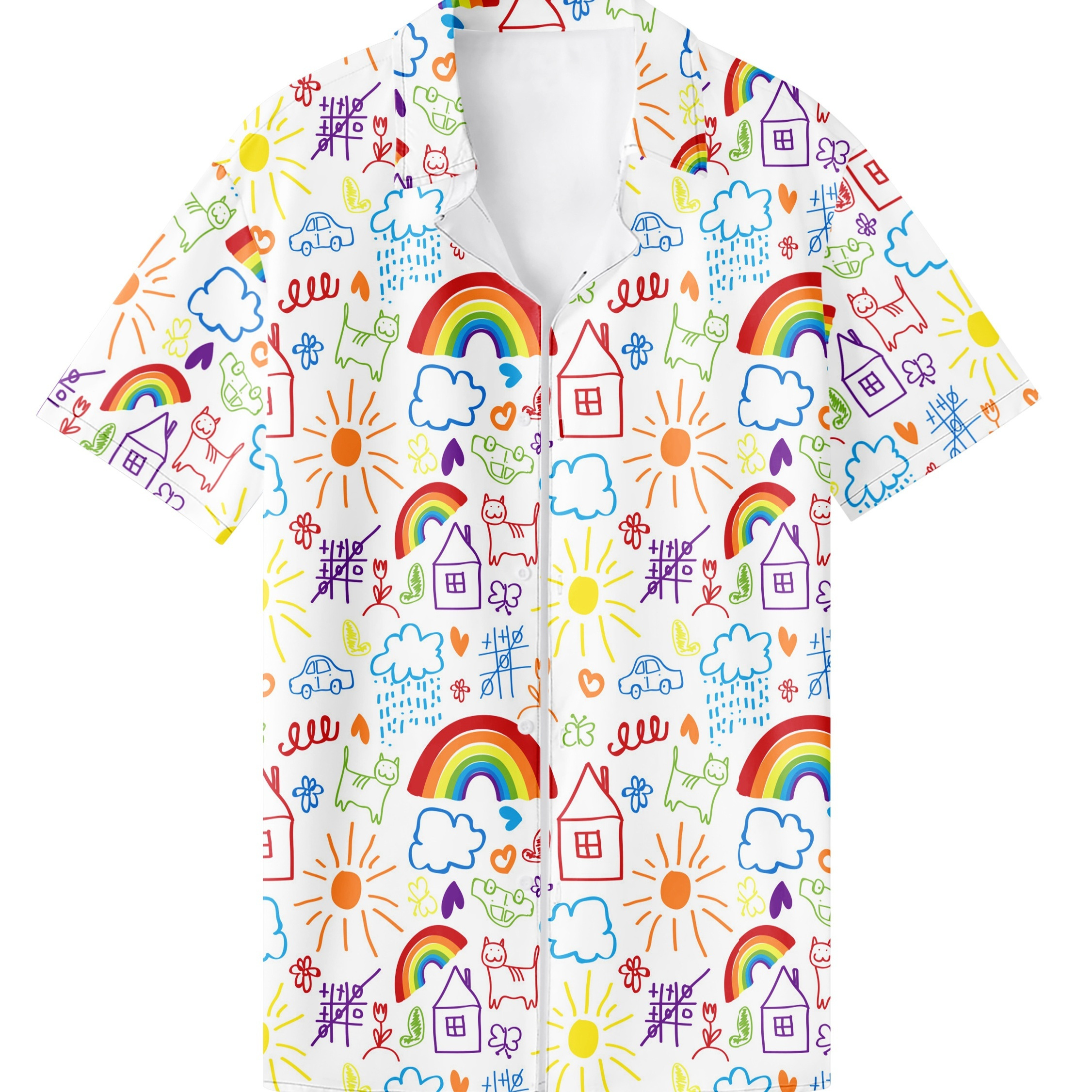 

Men's Cartoon Rainbow Graphic Print Short Sleeve Lapel Shirt Top, Male Casual Button Up Shirt For Daily And Vacation Resorts