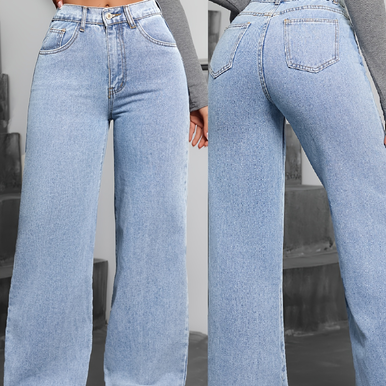 

Pantalon en denim bleu délavé, coupe et décontractée, style , pour femme.