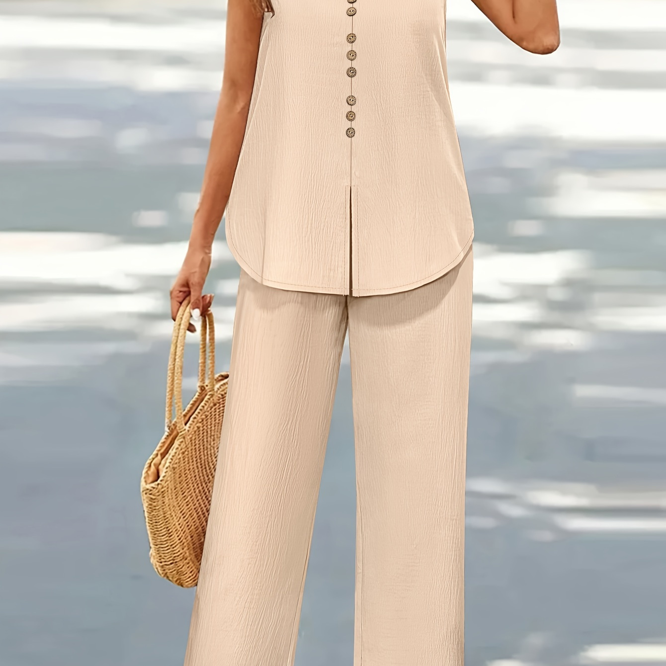 

Plus Size Solid Color Casual Pants Set, Button Decor Tank Top & Elastic Waist Pants Outfits For Summer, Women's Plus Size Clothing