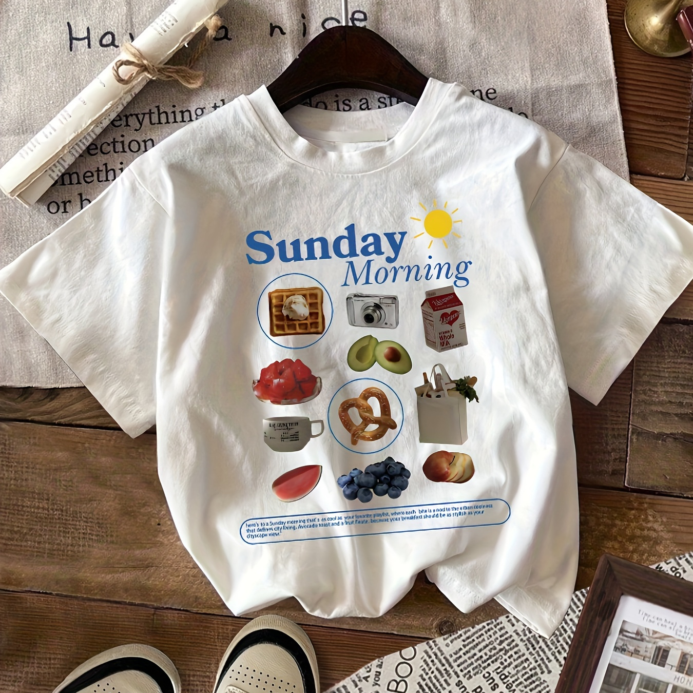 

Sunday Print T-shirt, Short Sleeve Crew Neck Casual Top For Summer & Spring, Women's Clothing