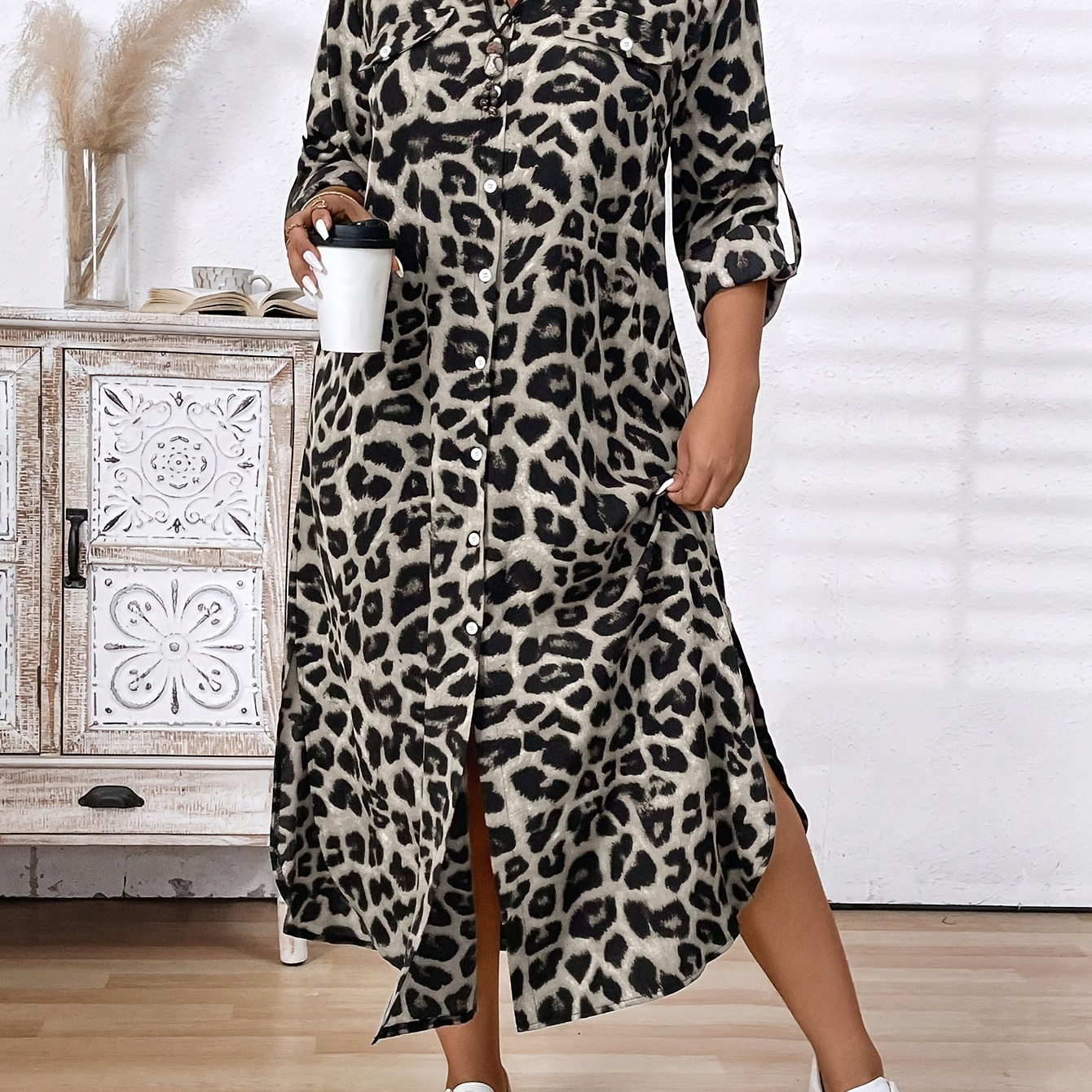 

Size Leopard Print Button-up Shirt Dress With Roll-up Sleeves - Casual, Non-stretch Polyester For Women - Spring/fall