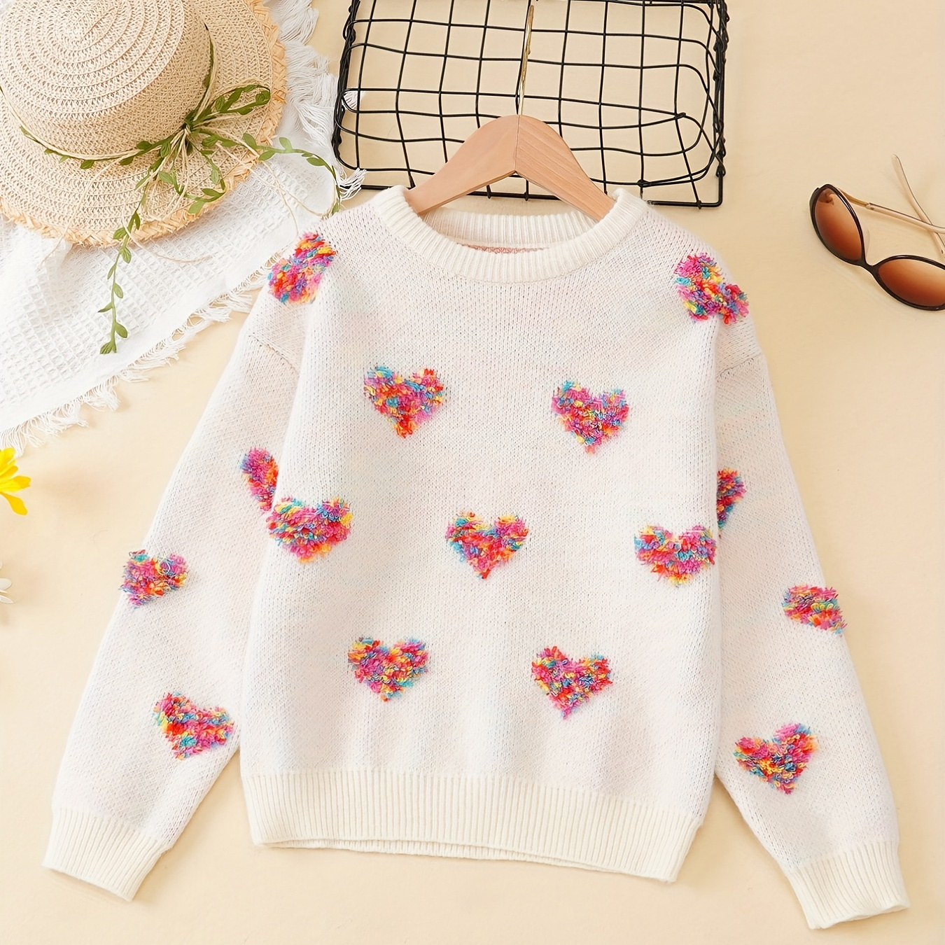 

Girls Knitted Heart Jacquard Pattern Round Neck Sweater Sweet Cute Pullover Jumper