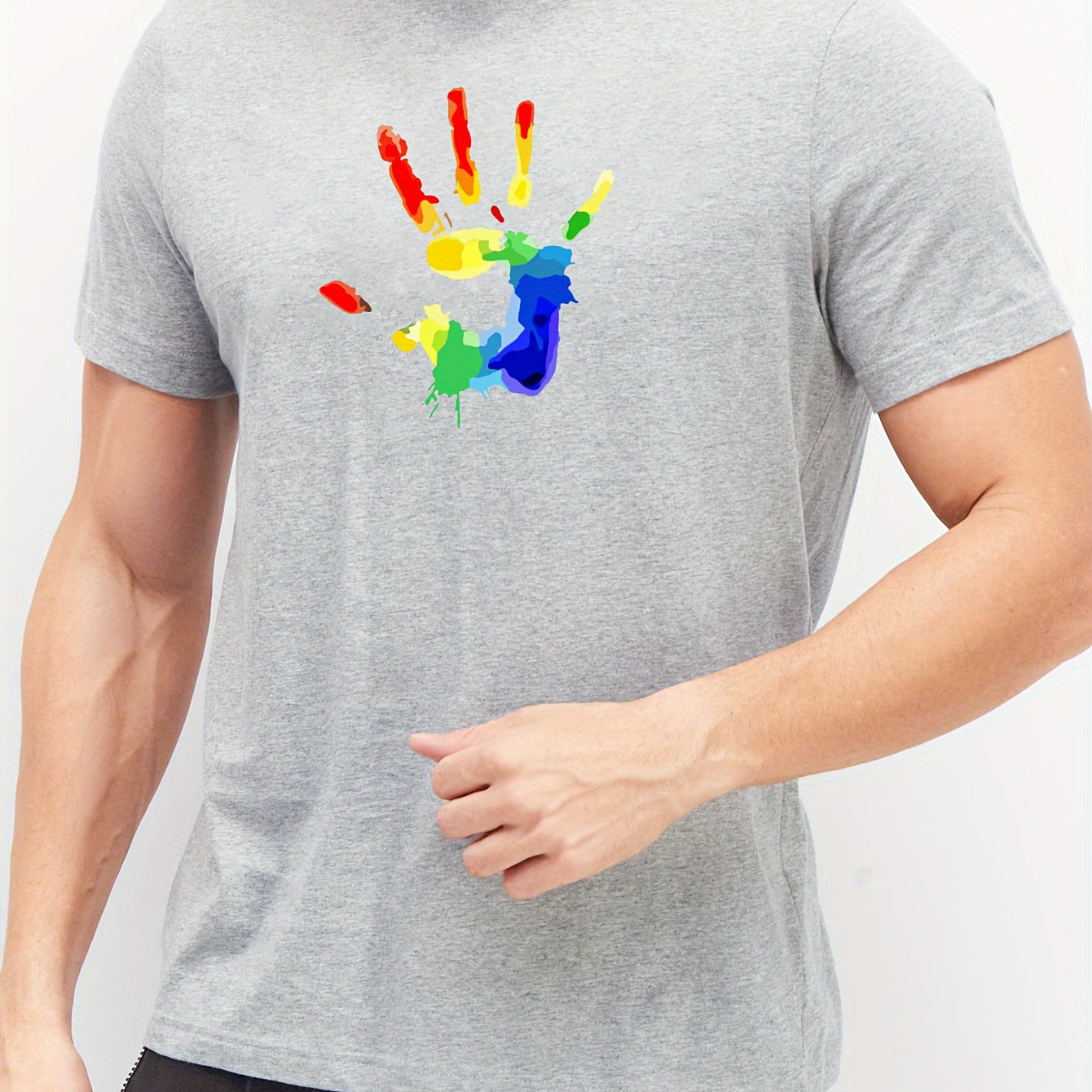 

Hand In Rainbow Color Simple Pattern Print T-shirt, Stylish And Breathable Street , Simple Comfy Cotton Top, Casual Crew Neck Short Sleeve T-shirt For Summer