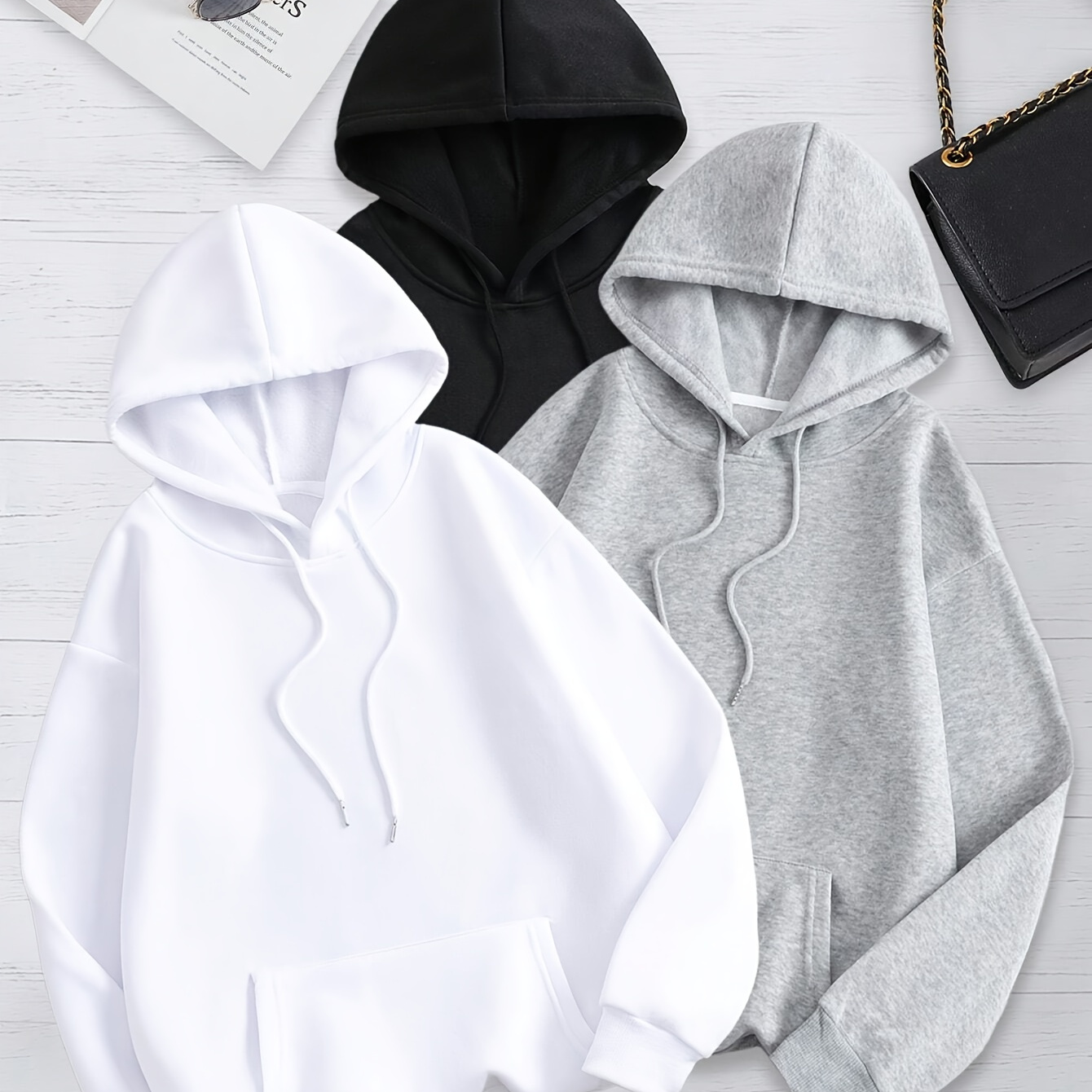 

3pcs Basic Solid Drawstring Hoodie, Casual Long Sleeve Hooded Sweatshirt With Kangaroo Pocket For Fall & Winter, Women's Clothing