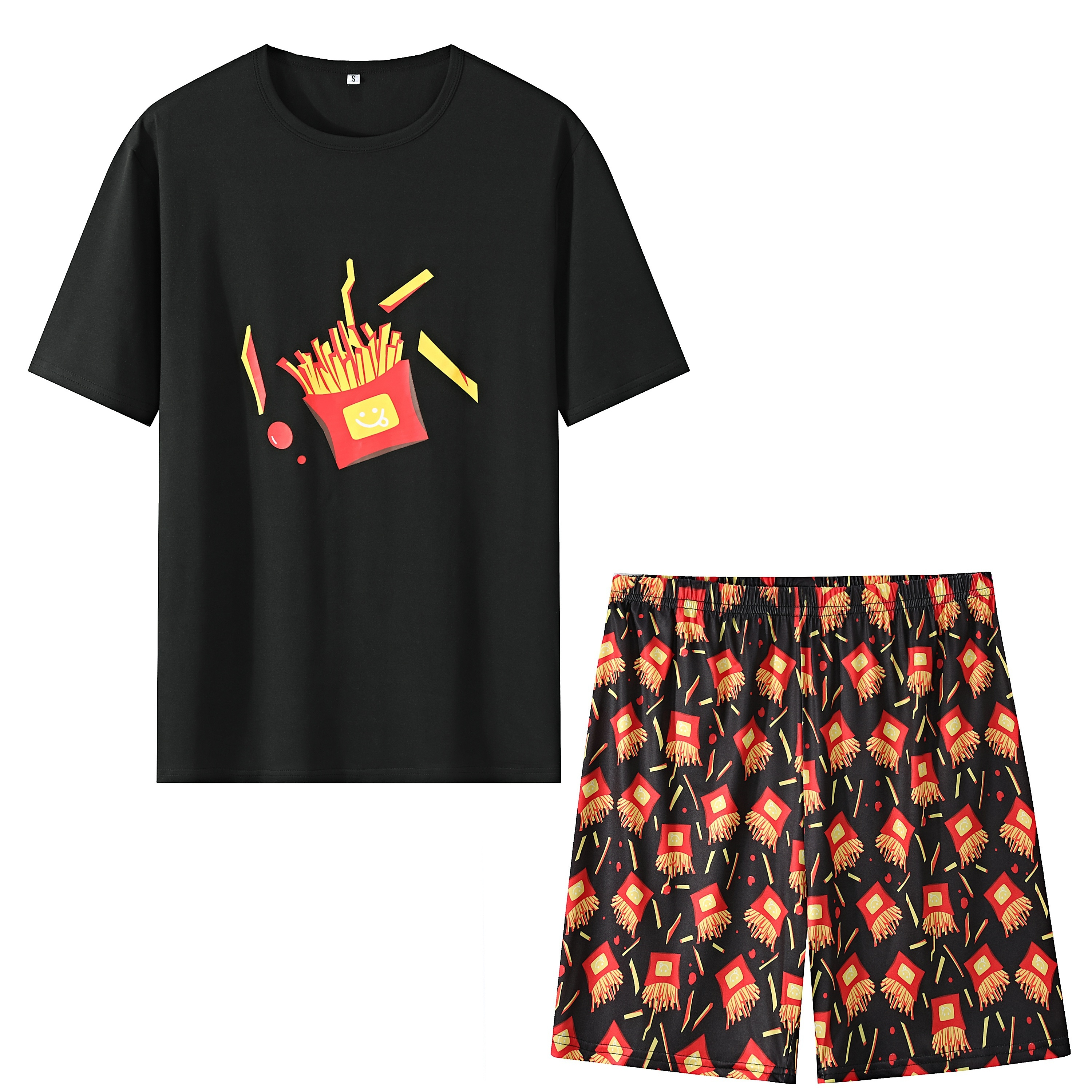 

2 Pcs Men's Funny French Fries Print Short Sleeve T-shirts & Shorts Pajama Sets, Comfortable & Skin-friendly Style Pajamas For Men's Cozy Loungewear