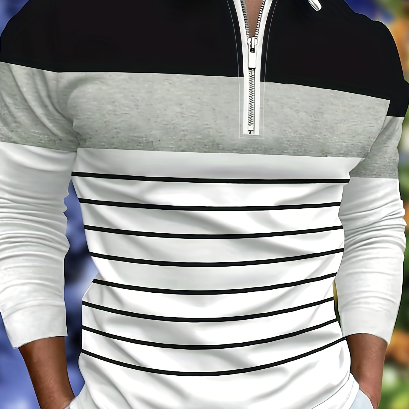 

Casual Stripe Pattern Men's Long Sleeve Zipper Shirt, Men's Spring Fall Color Block Top