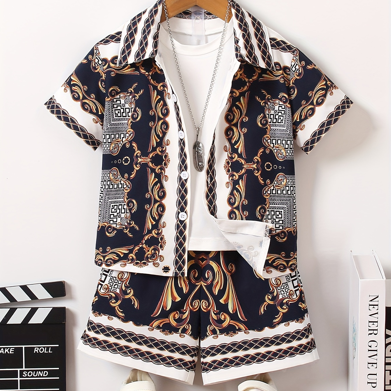 

Boy's Baroque Style Pattern 2pcs Casual Outfit, Short Sleeve Shirt & Shorts Set, Boy's Clothes For Summer