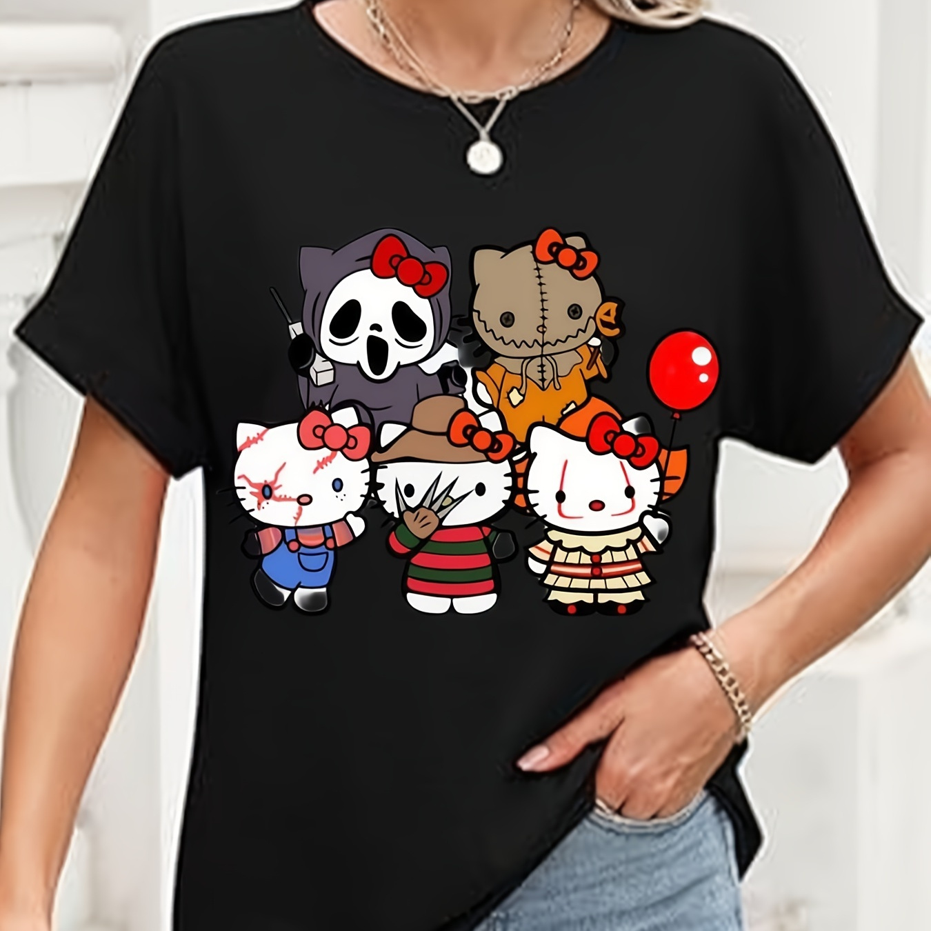 

Sanrio Authorized Halloween Pattern Printed T- Unisex Adult Kuromi -sleeved T- Cinnamoroll Sweatshirt T- Round T- 220g--41