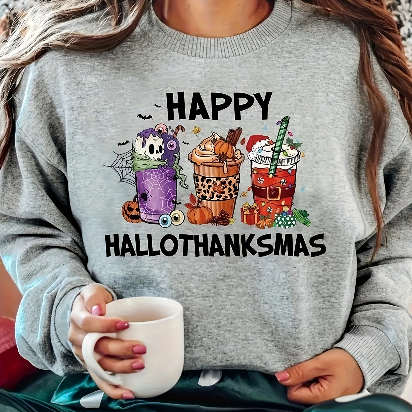 

Thanksgiving Christmas Coffee Print Sweatshirt, Casual Long Sleeve Crew Neck Sweatshirt For Fall & Winter, Women's Clothing