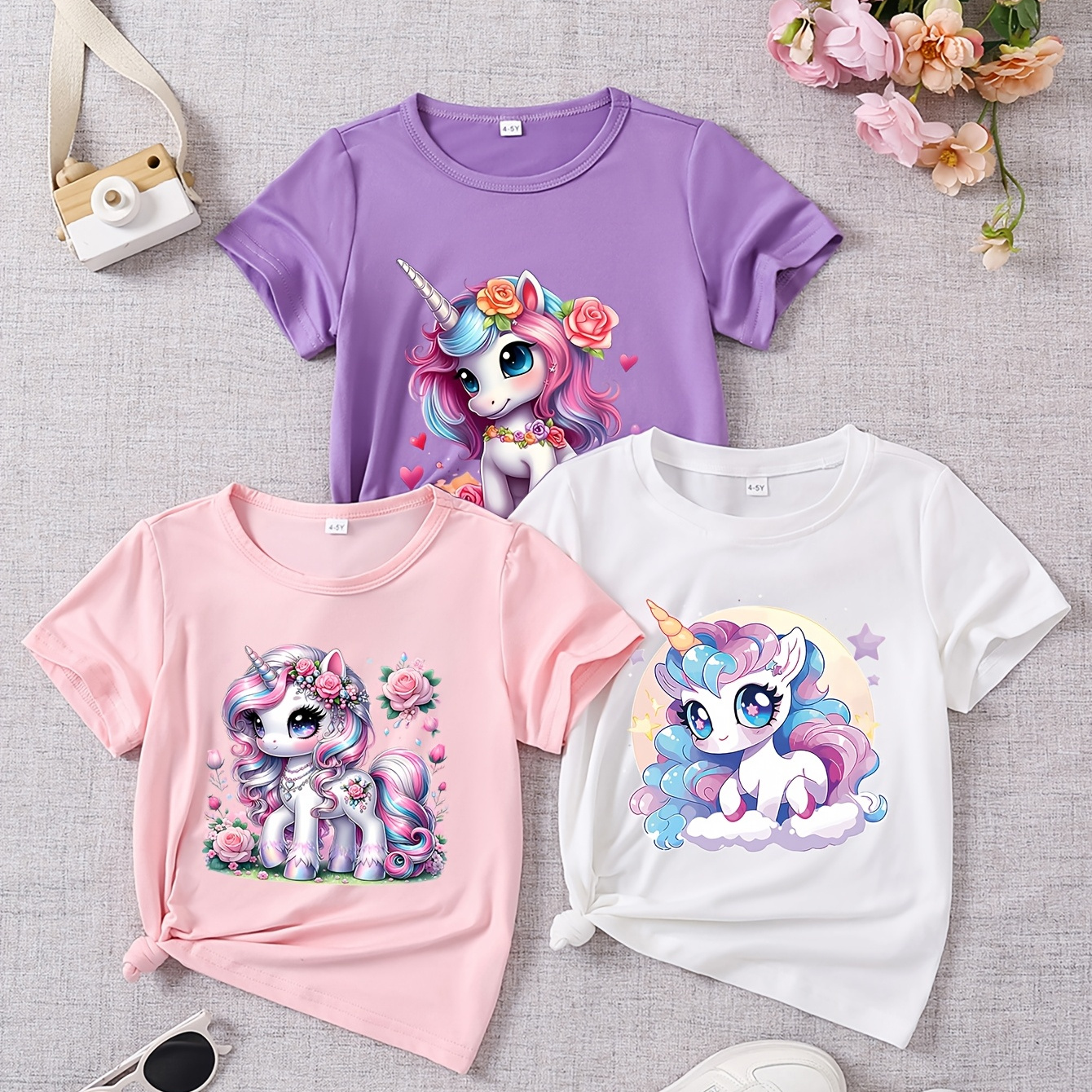 

3-pack Girls' Summer Short Sleeve T-shirts, Casual Crew Neck Cartoon Animal Print, Polyester 95% Spandex 5% Knit Fabric, Stretch Regular Fit Tops