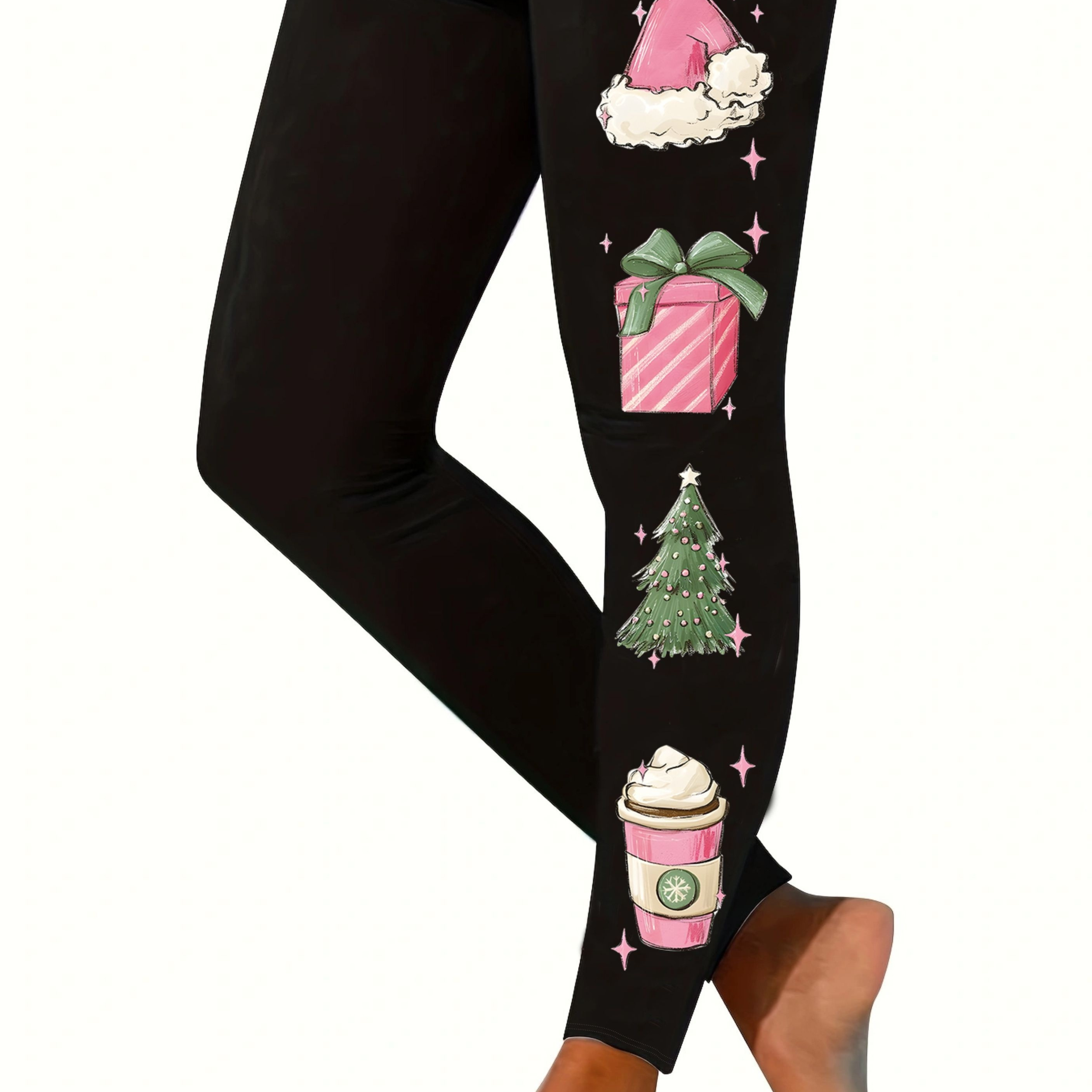 

Women's Christmas Print High-waisted Leggings - Casual Stretchy Knit Fabric Jeggings With Polyester And Spandex (95%/5%) - Holiday Patterns