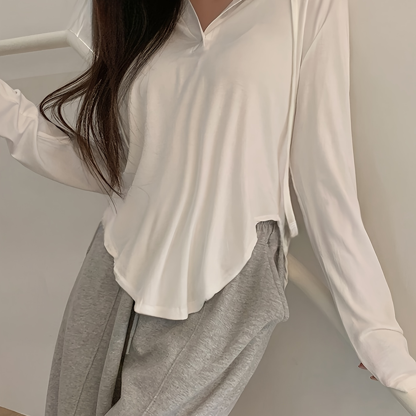 

Women' Color Hooded T-shirt With Curved Hem And Drawstring, Long Sleeve Knit Polyester Top, Drop Shoulder, Button Detail, Wear