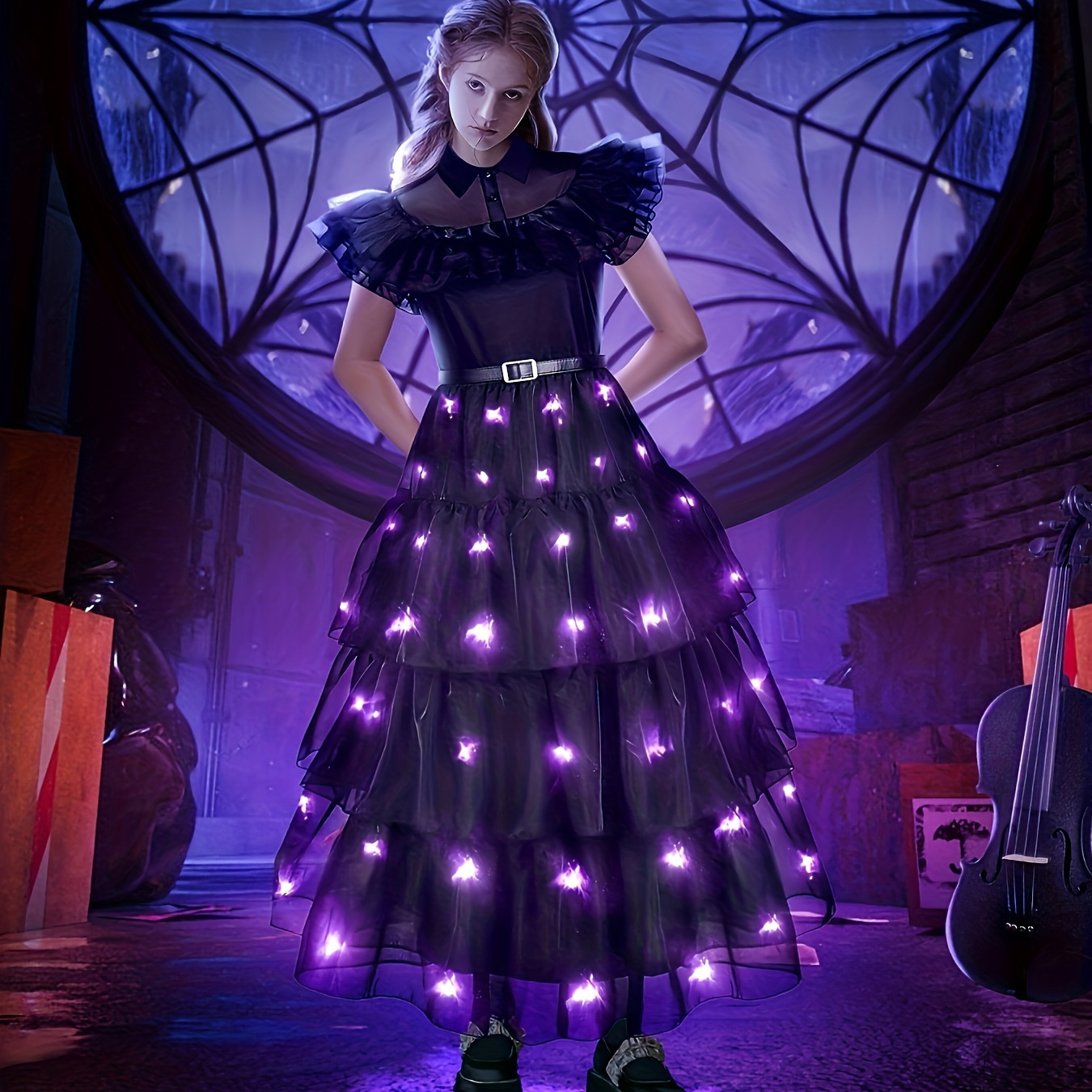 

Girls Stylish & Cool Gothic Style Inspired Clothing, Sleeve Mesh Lapel Collar Tutu Led Light Up Dress With Belt For Party