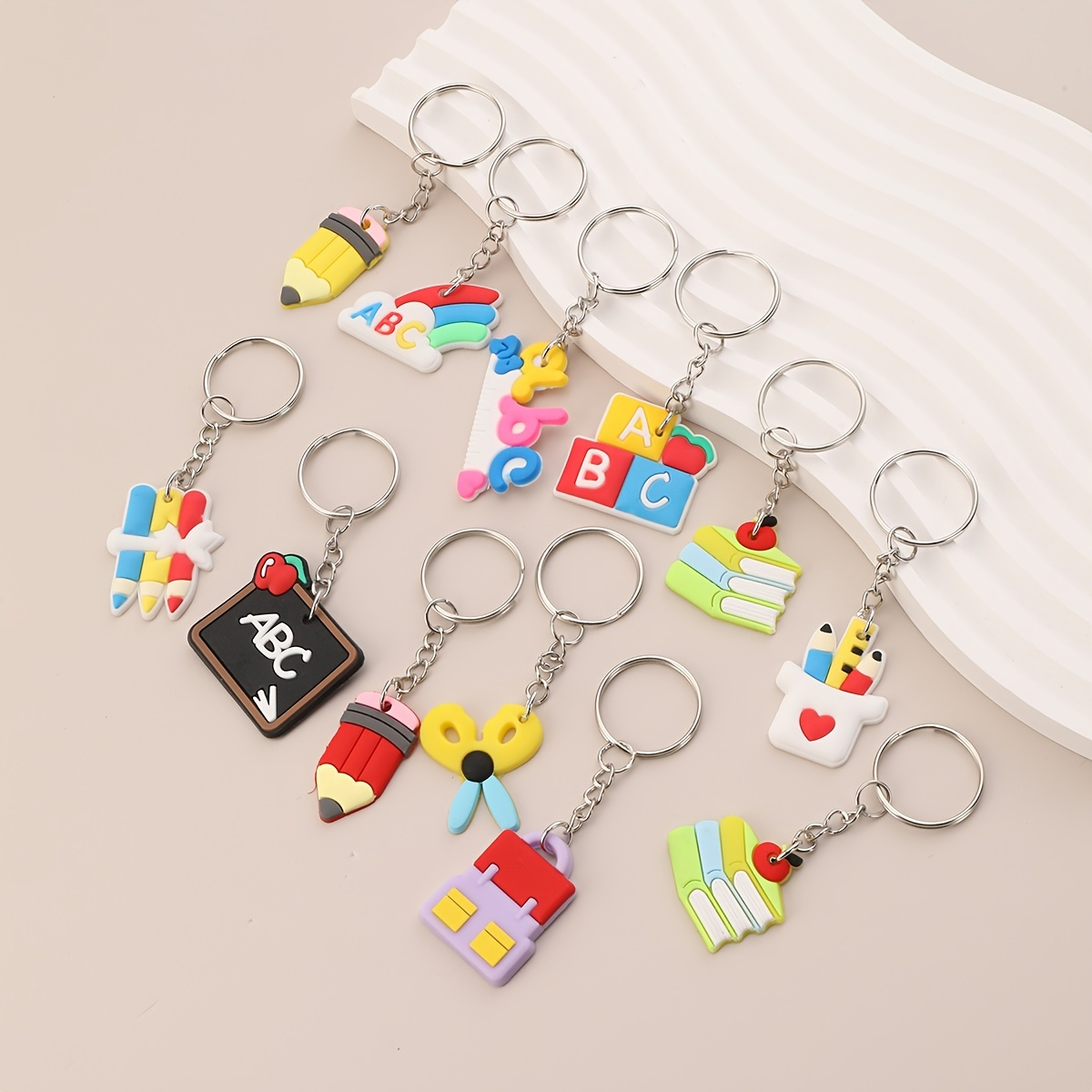 

12pcs Stationery Keychain Pvc Toys, Fashion Cartoon Bag Key Accessories Pendant Key Chain, Creative Gift Unisex